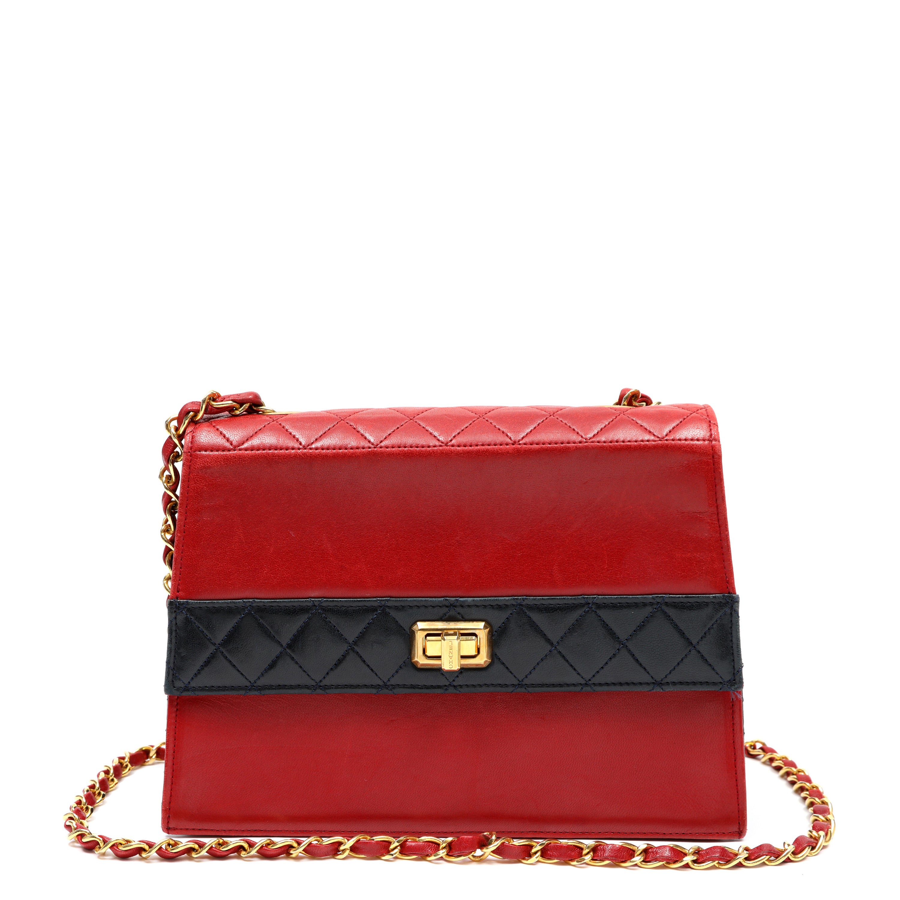 Chanel Vintage Trapezoid Flap Bag Two Tone Red and Black Lambskin w/Gold Hardware