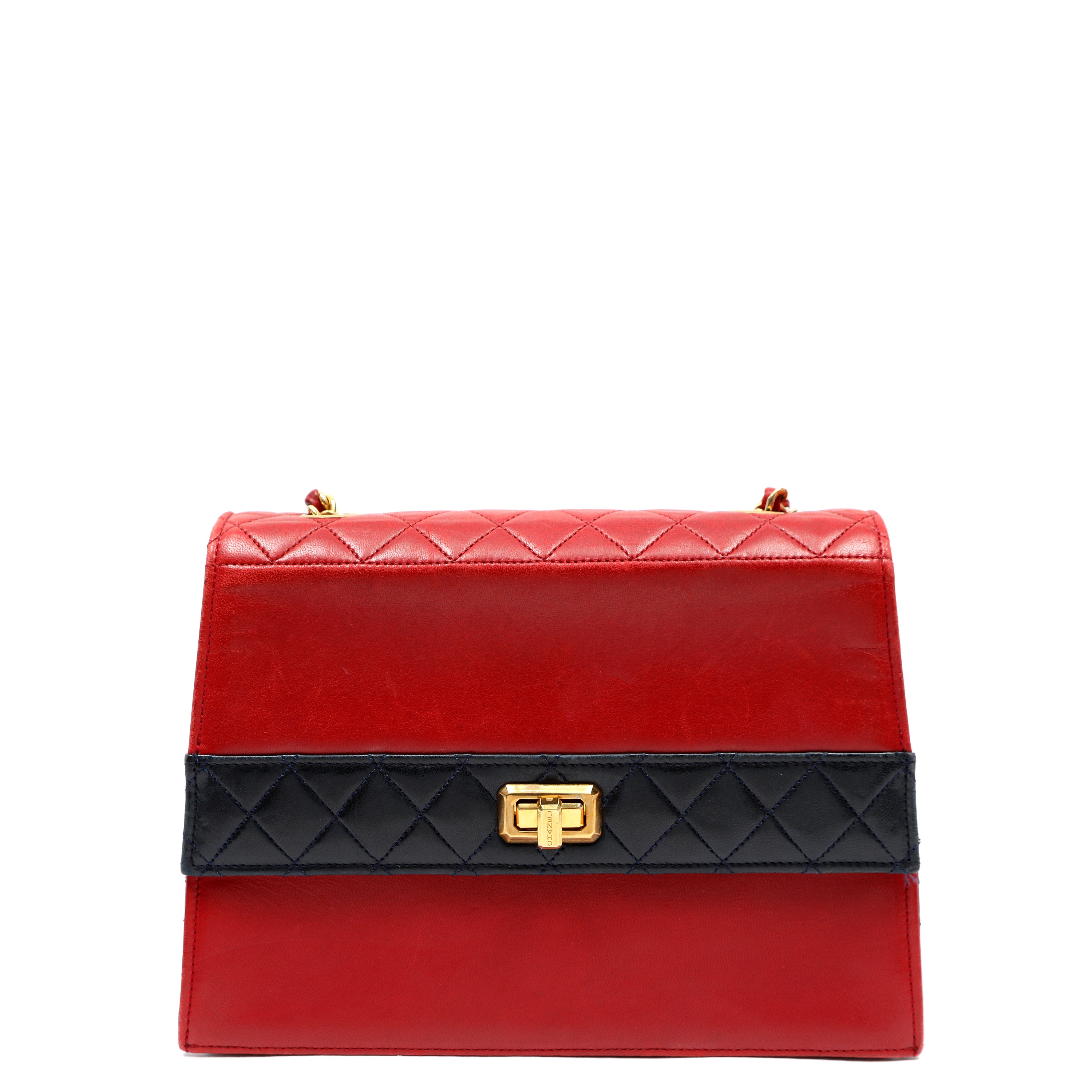 Chanel Vintage Trapezoid Flap Bag Two Tone Red and Black Lambskin w/Gold Hardware