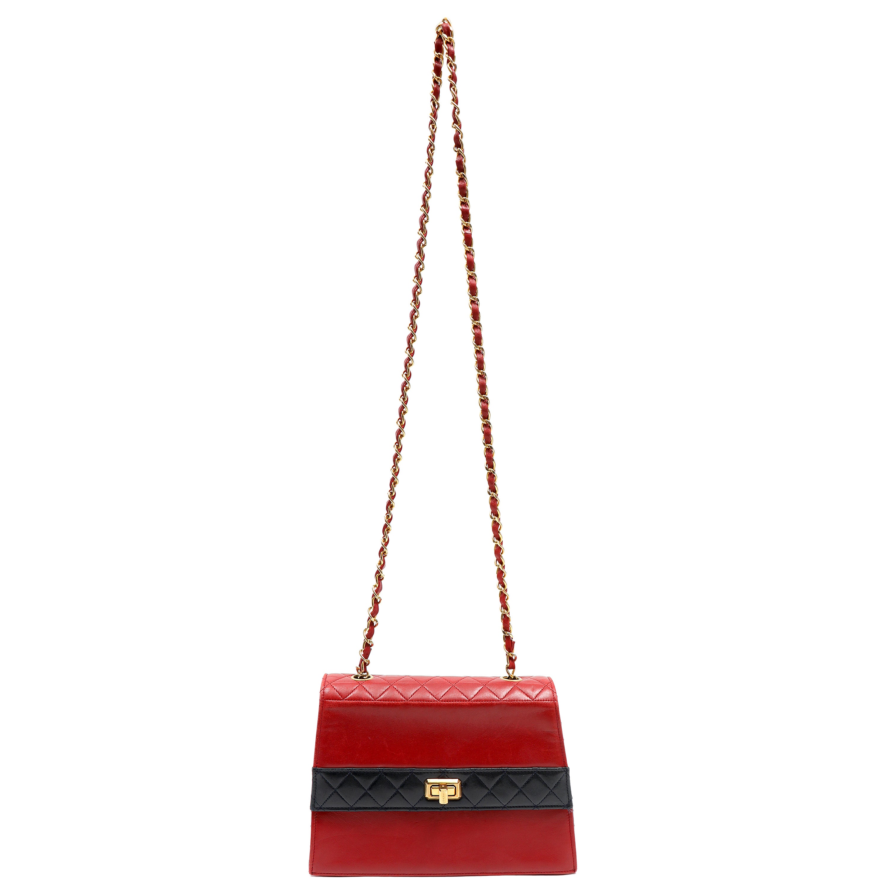Chanel Vintage Trapezoid Flap Bag Two Tone Red and Black Lambskin w/Gold Hardware