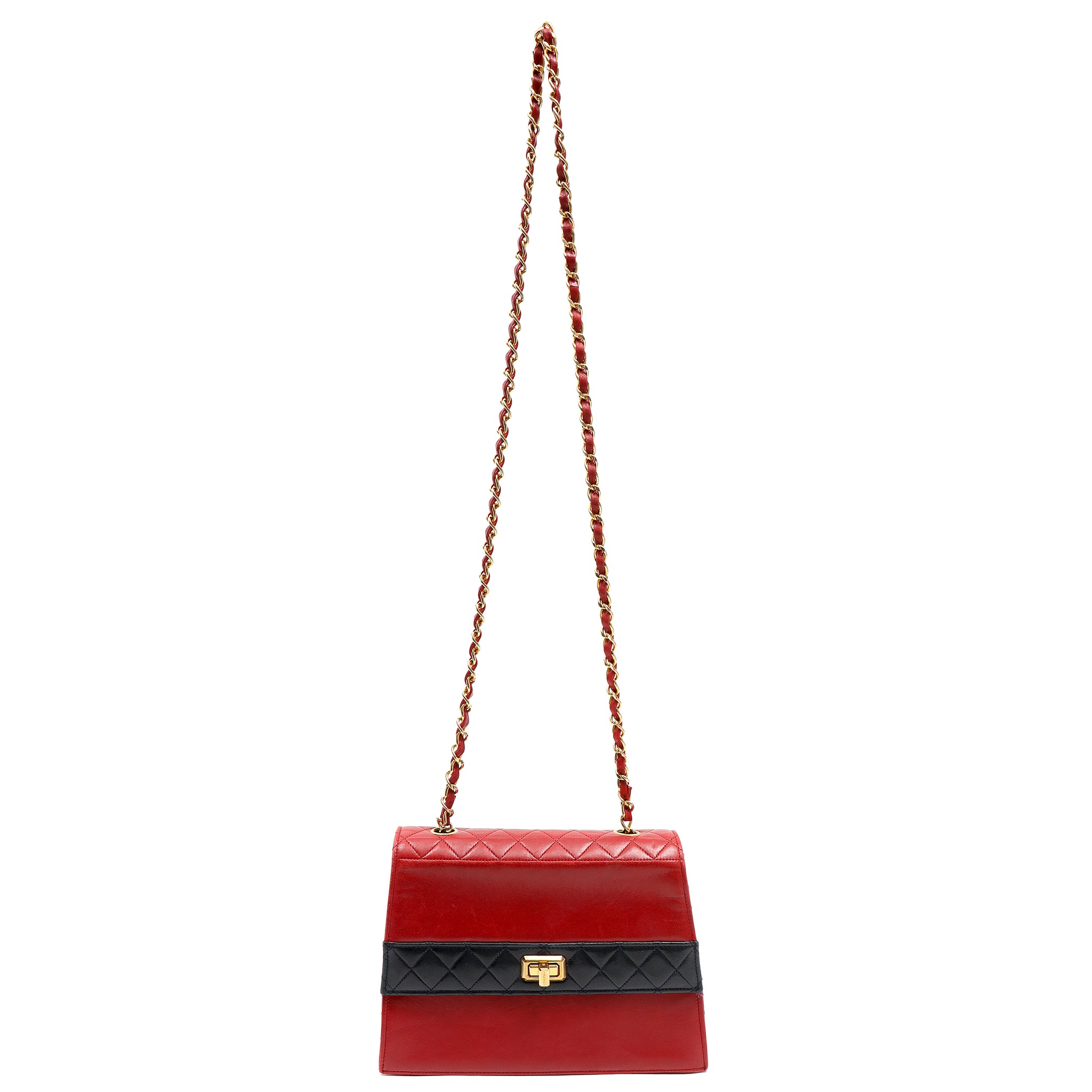 Chanel Vintage Trapezoid Flap Bag Two Tone Red and Black Lambskin w/Gold Hardware