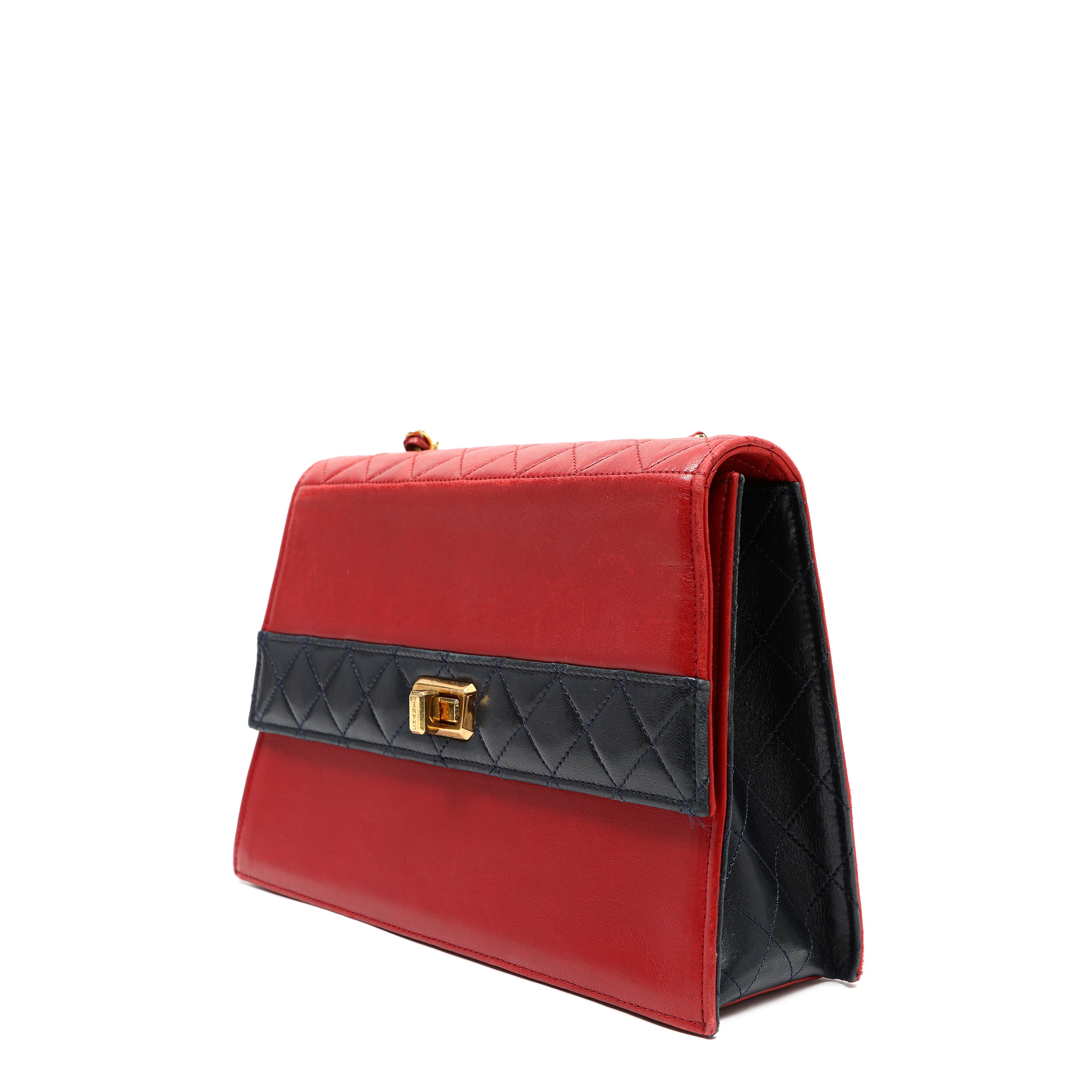 Chanel Vintage Trapezoid Flap Bag Two Tone Red and Black Lambskin w/Gold Hardware
