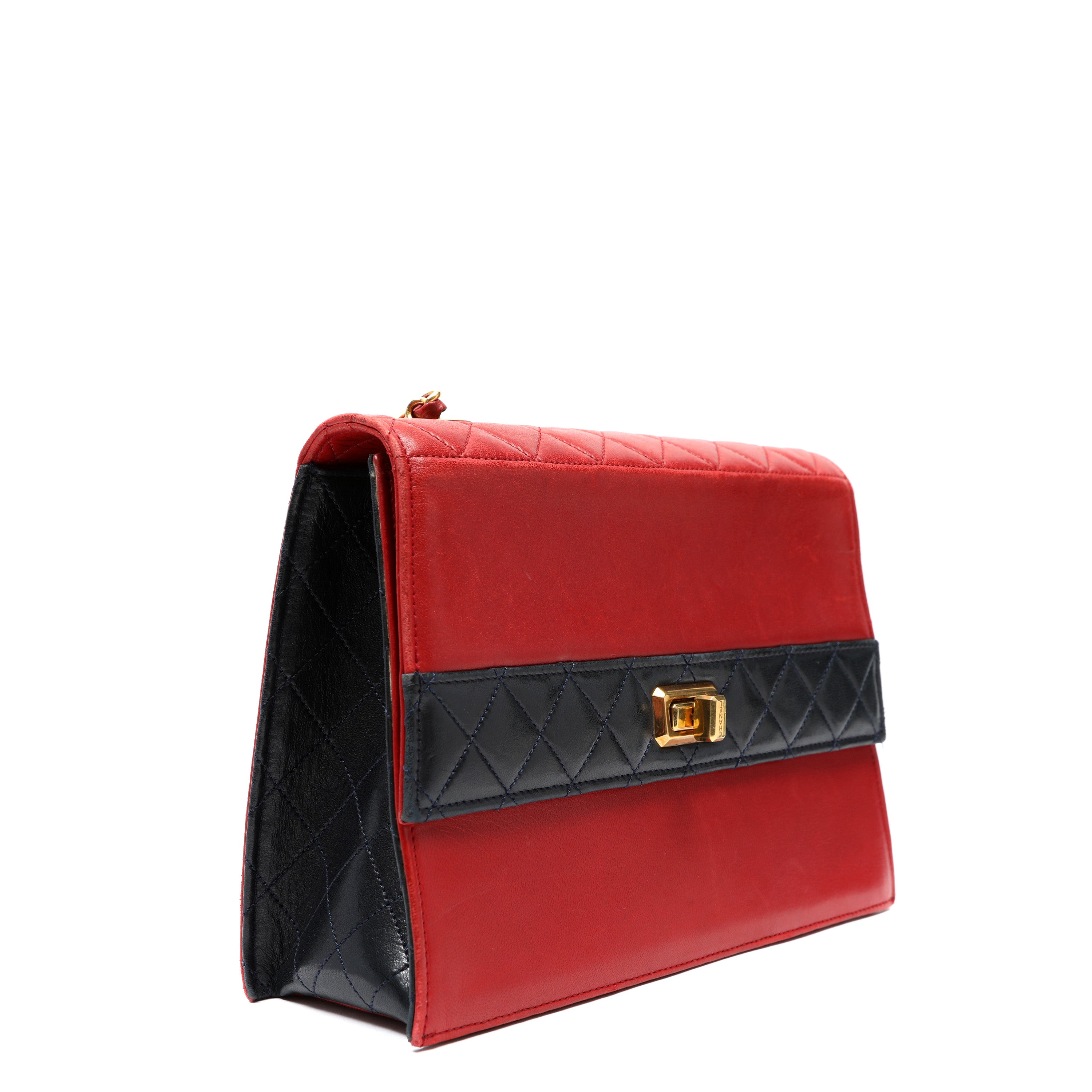 Chanel Vintage Trapezoid Flap Bag Two Tone Red and Black Lambskin w/Gold Hardware