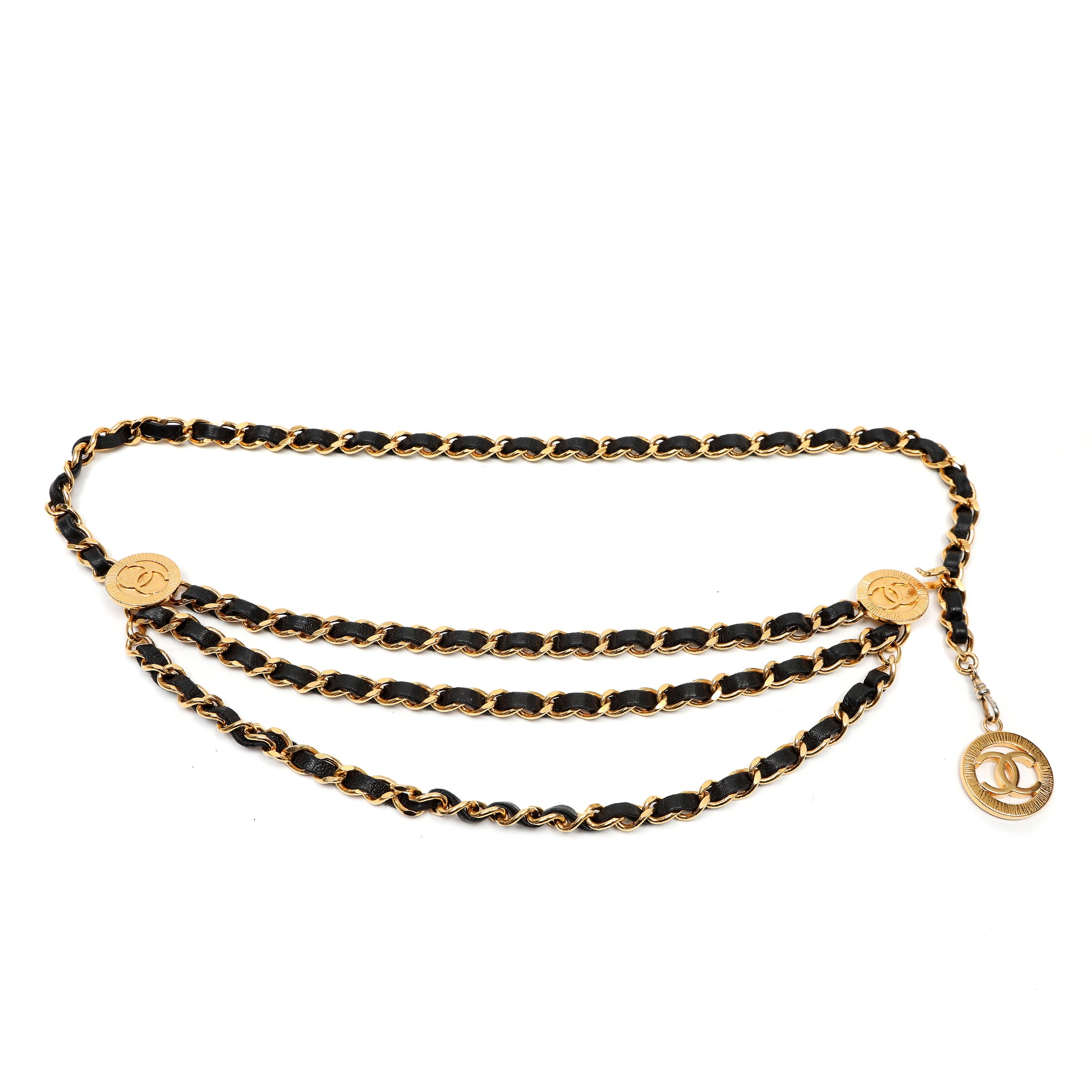 Chanel Vintage CC Logo Gold Chain Belt with Black Leather