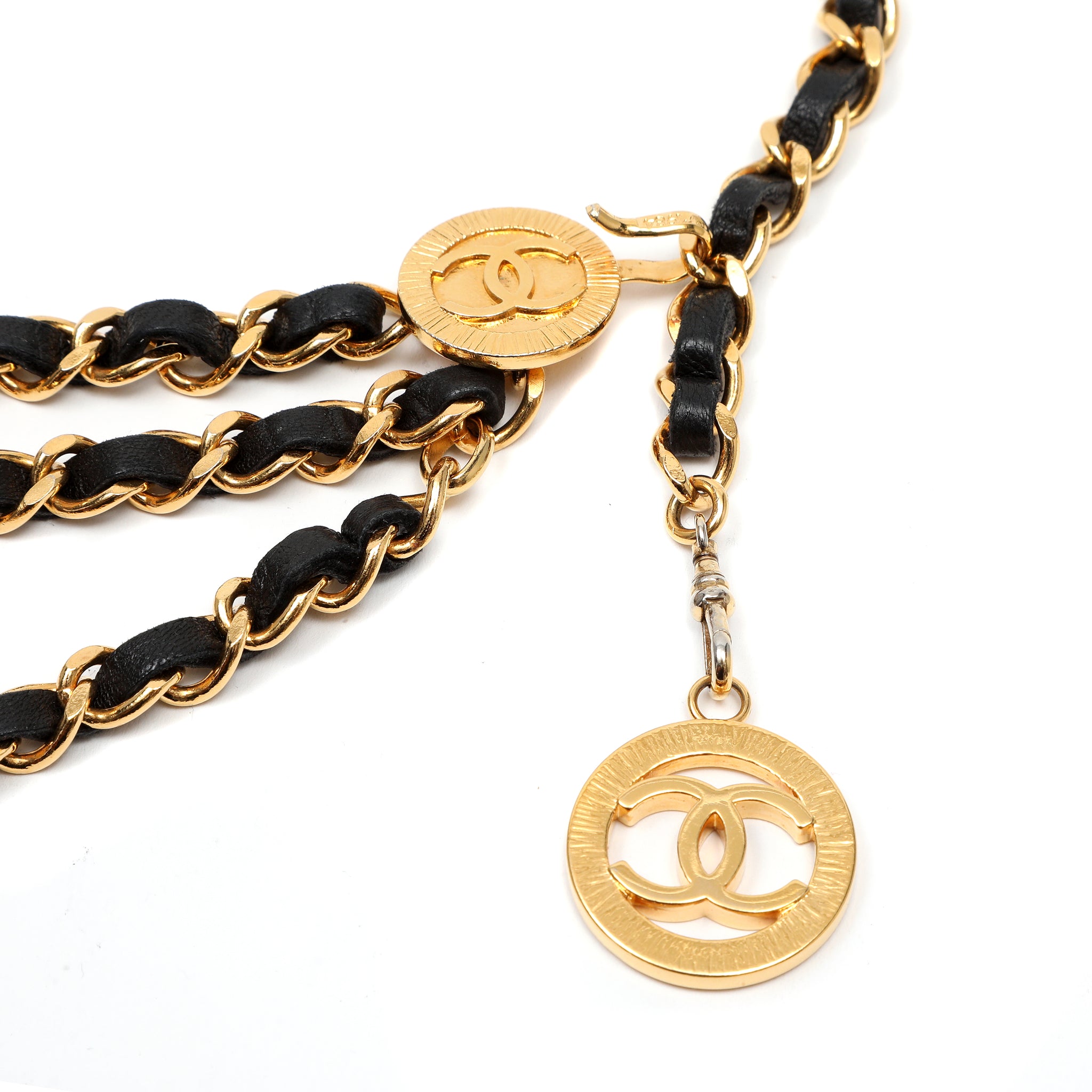 Chanel Vintage CC Logo Gold Chain Belt with Black Leather