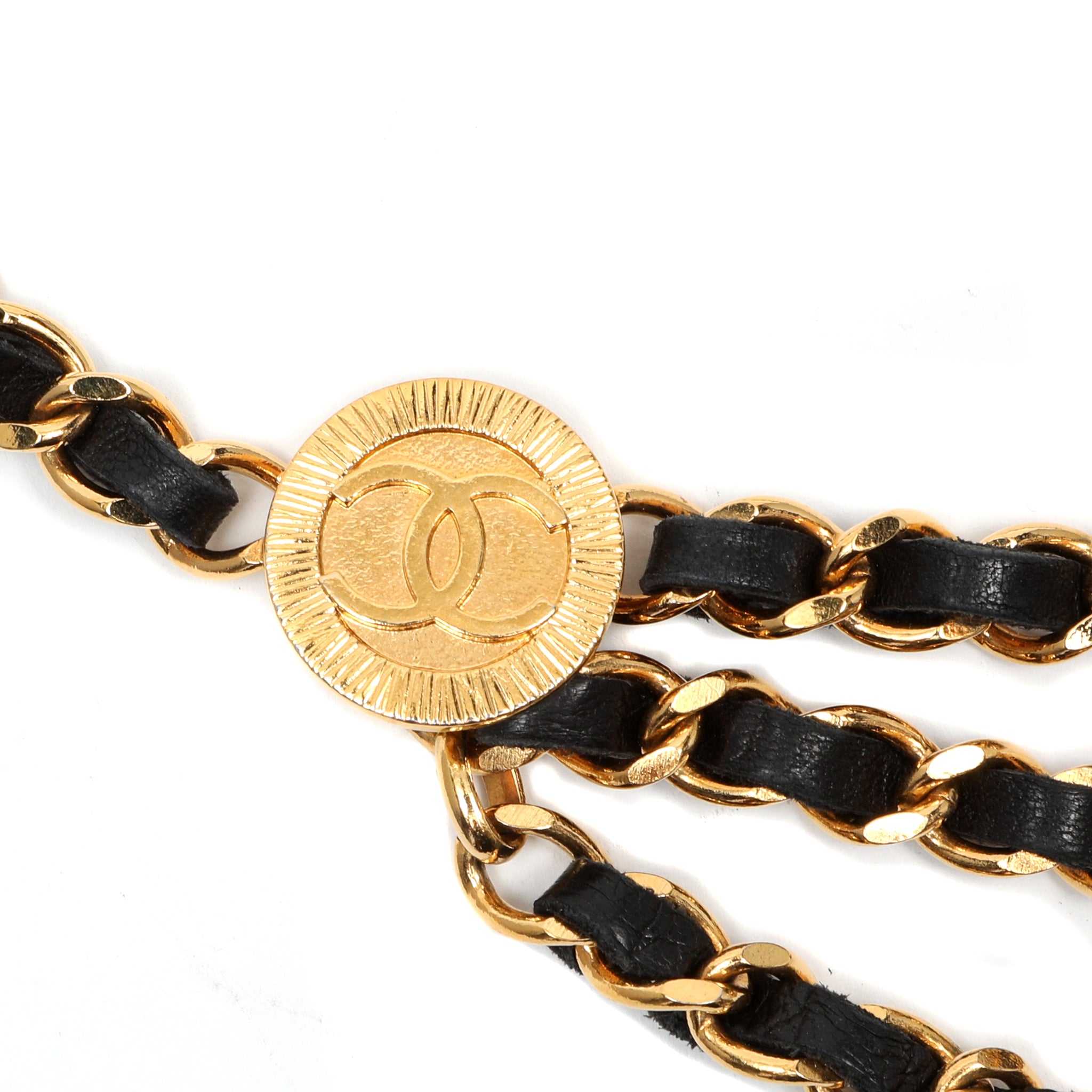 Chanel Vintage CC Logo Gold Chain Belt with Black Leather