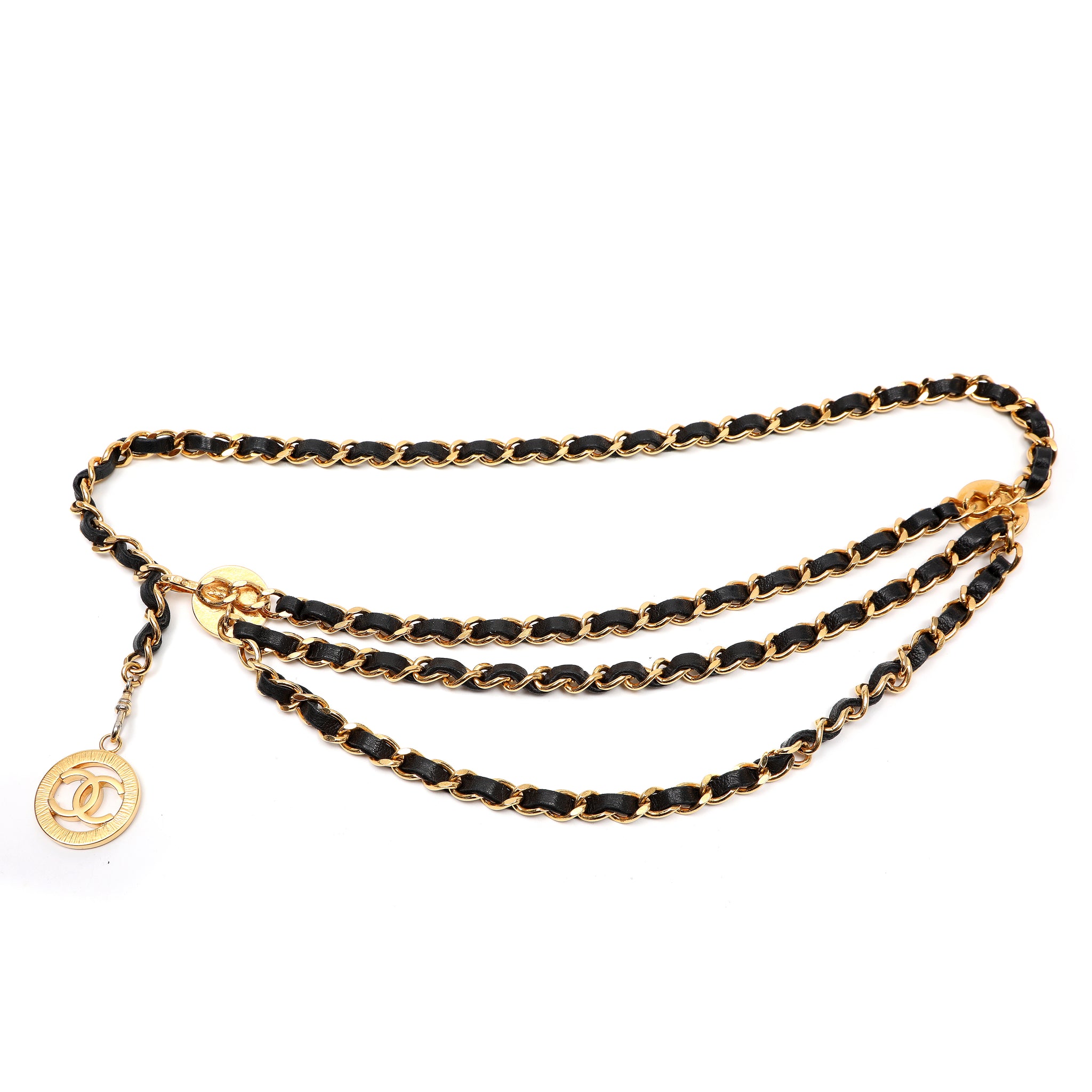 Chanel Vintage CC Logo Gold Chain Belt with Black Leather