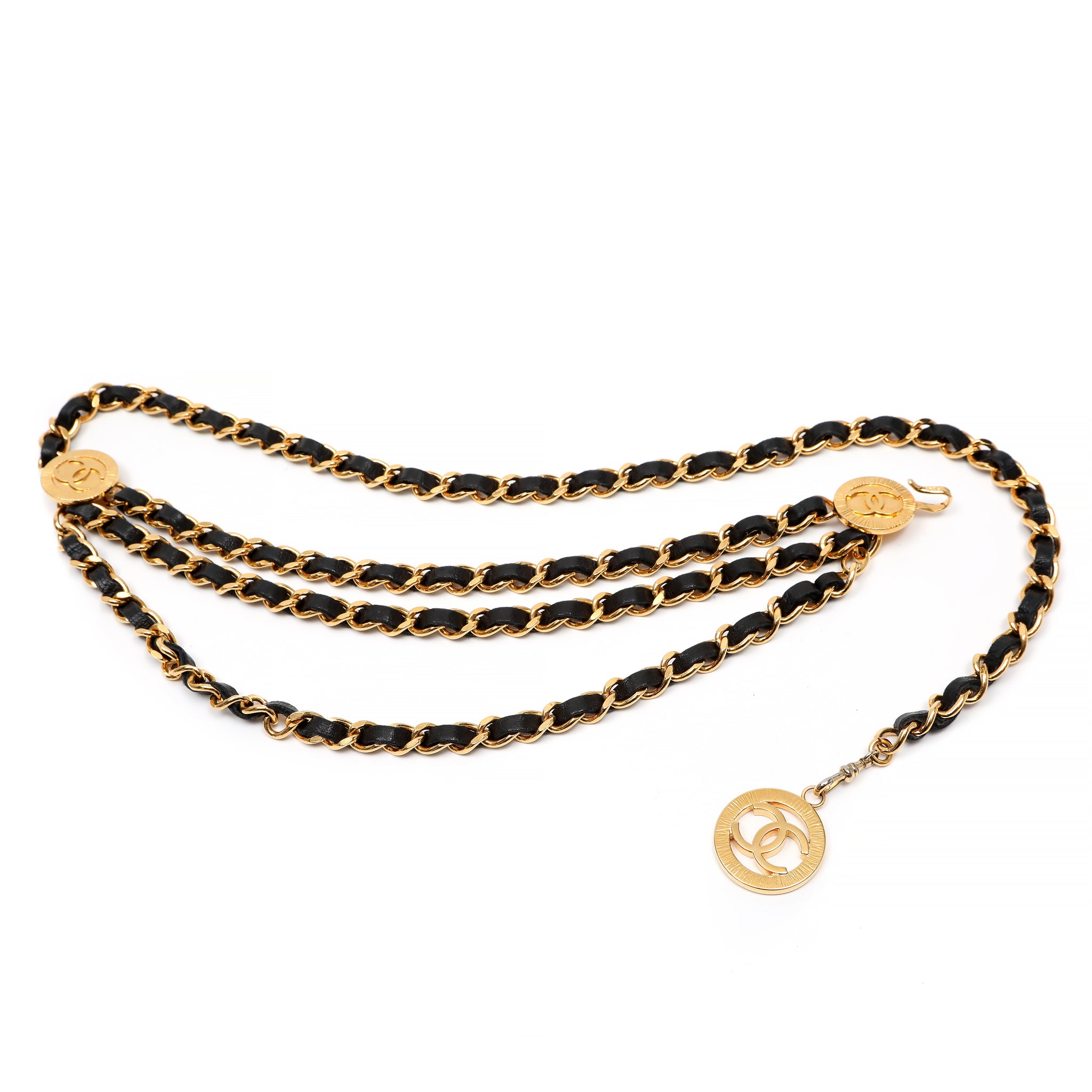Chanel Vintage CC Logo Gold Chain Belt with Black Leather