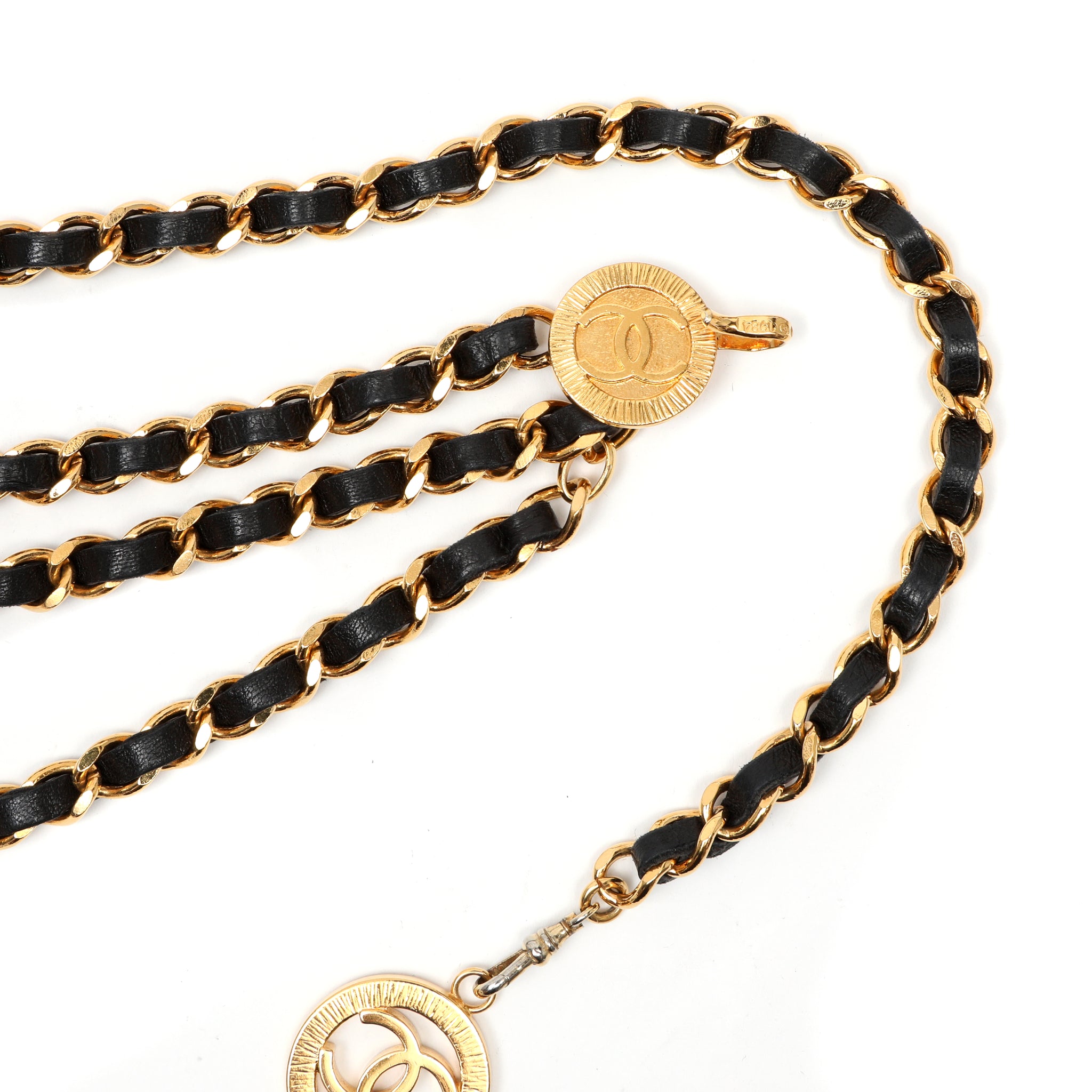 Chanel Vintage CC Logo Gold Chain Belt with Black Leather