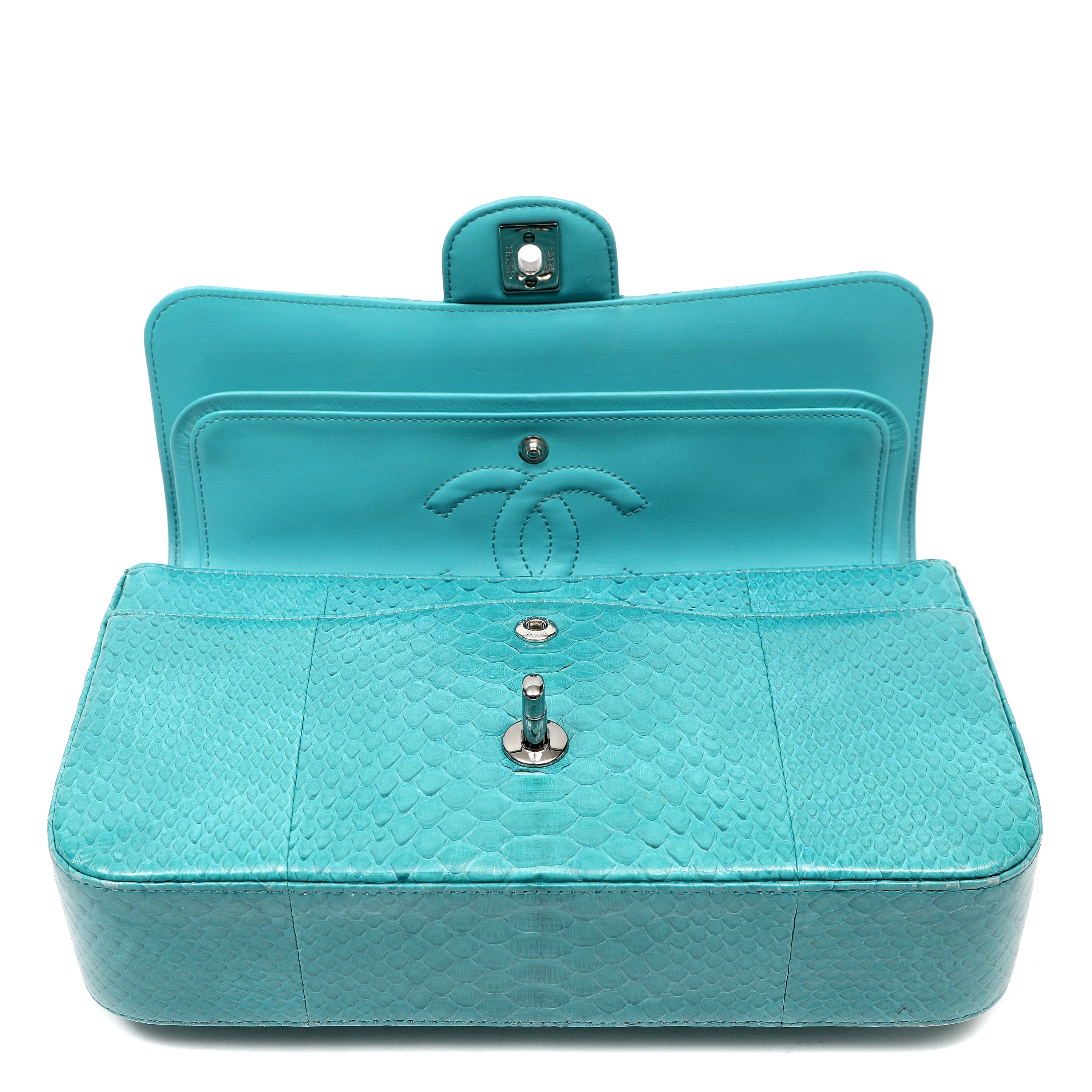 Chanel Vintage Classic Double Flap Jumbo Turquoise Python w/Ruthenium Hardware