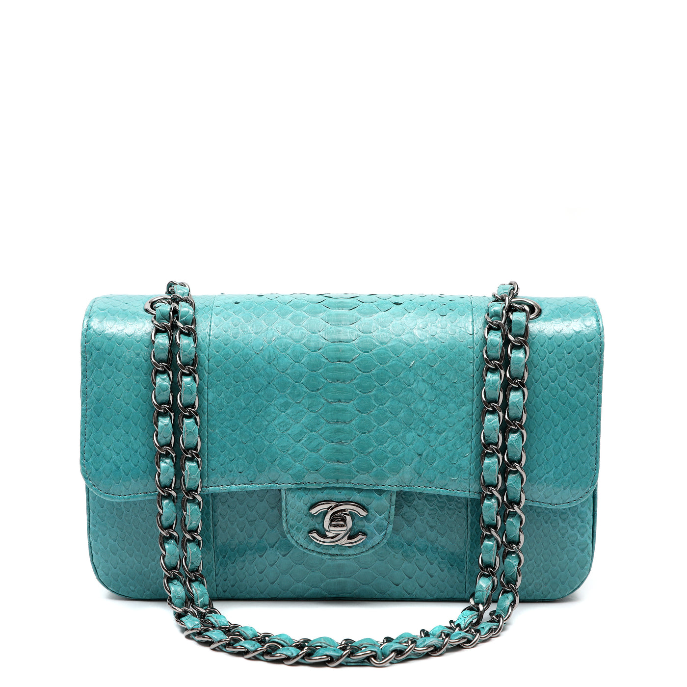 Teal Python Chanel Chanel Vintage Classic Double Flap Jumbo Turquoise Python w/Ruthenium ...