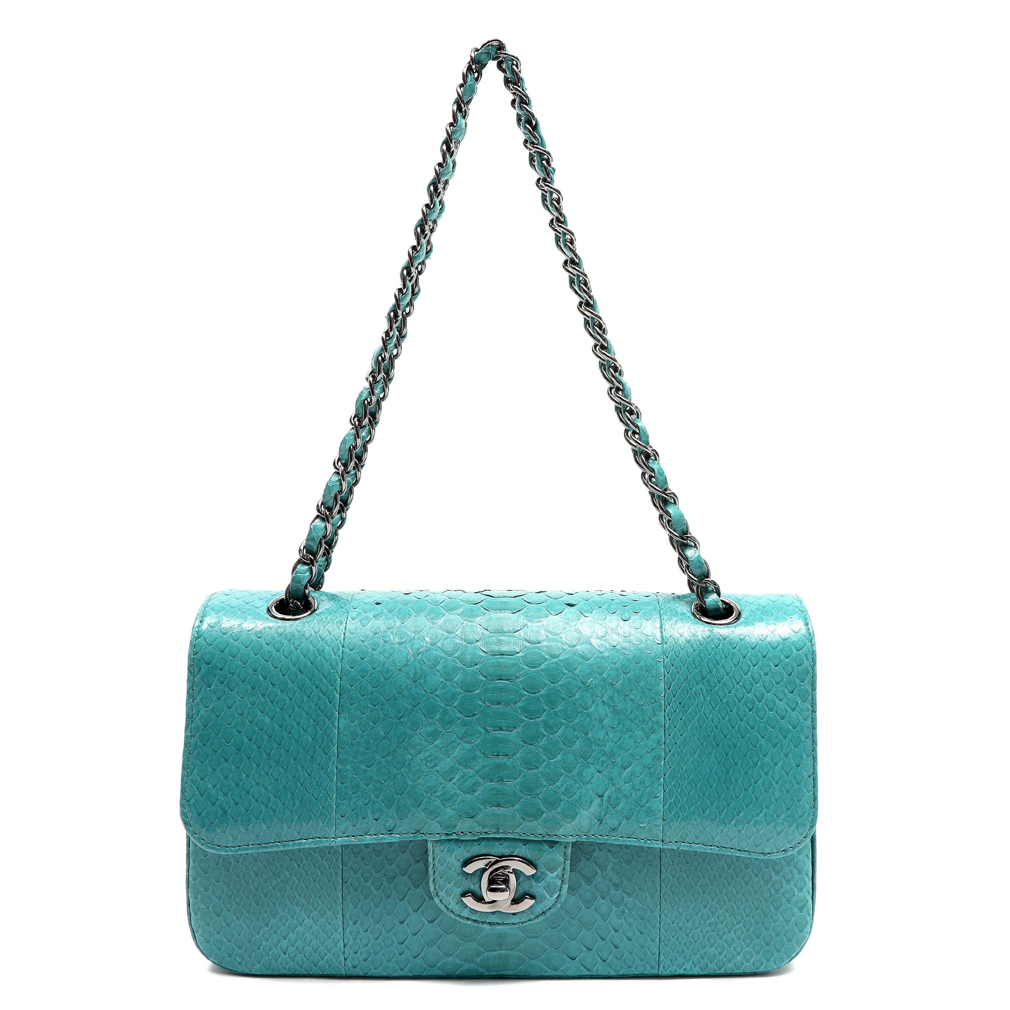 Chanel Vintage Classic Double Flap Jumbo Turquoise Python w/Ruthenium Hardware