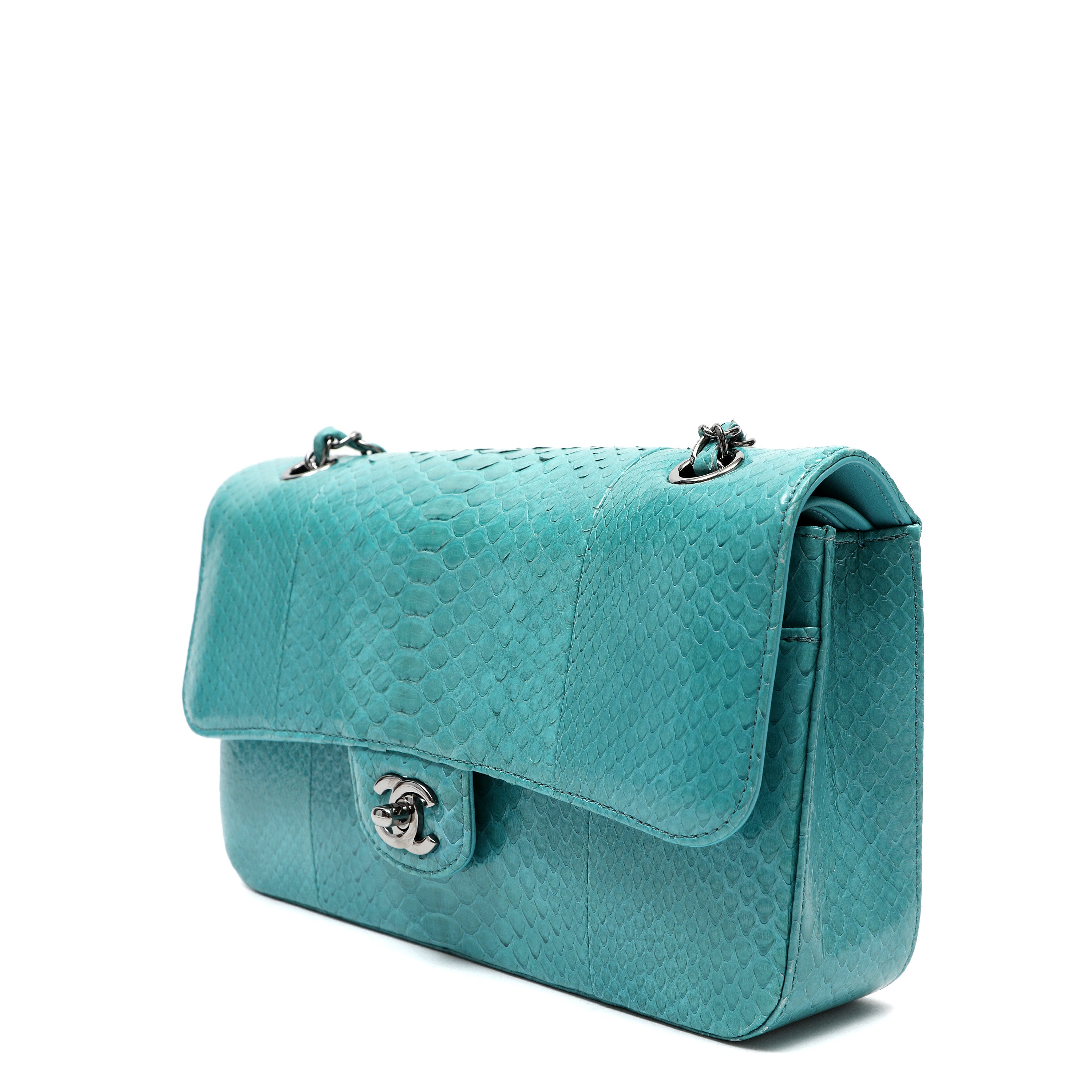 Chanel Vintage Classic Double Flap Jumbo Turquoise Python w/Ruthenium Hardware