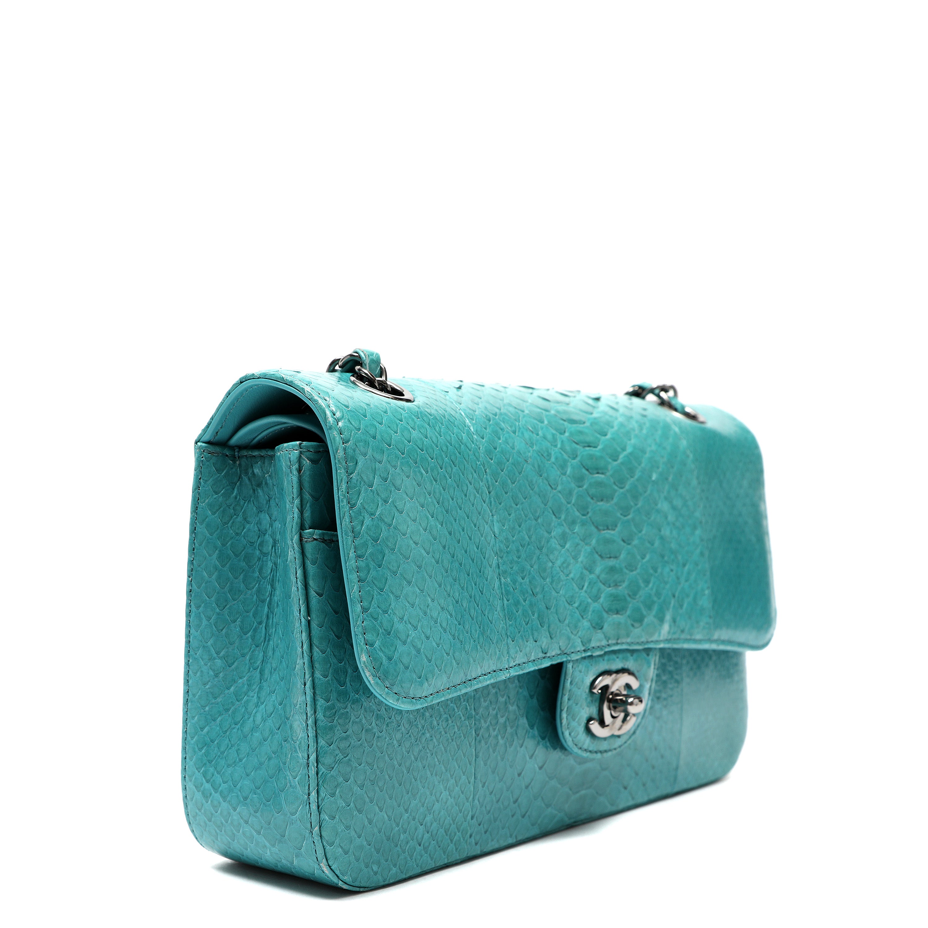 Chanel Vintage Classic Double Flap Jumbo Turquoise Python w/Ruthenium Hardware
