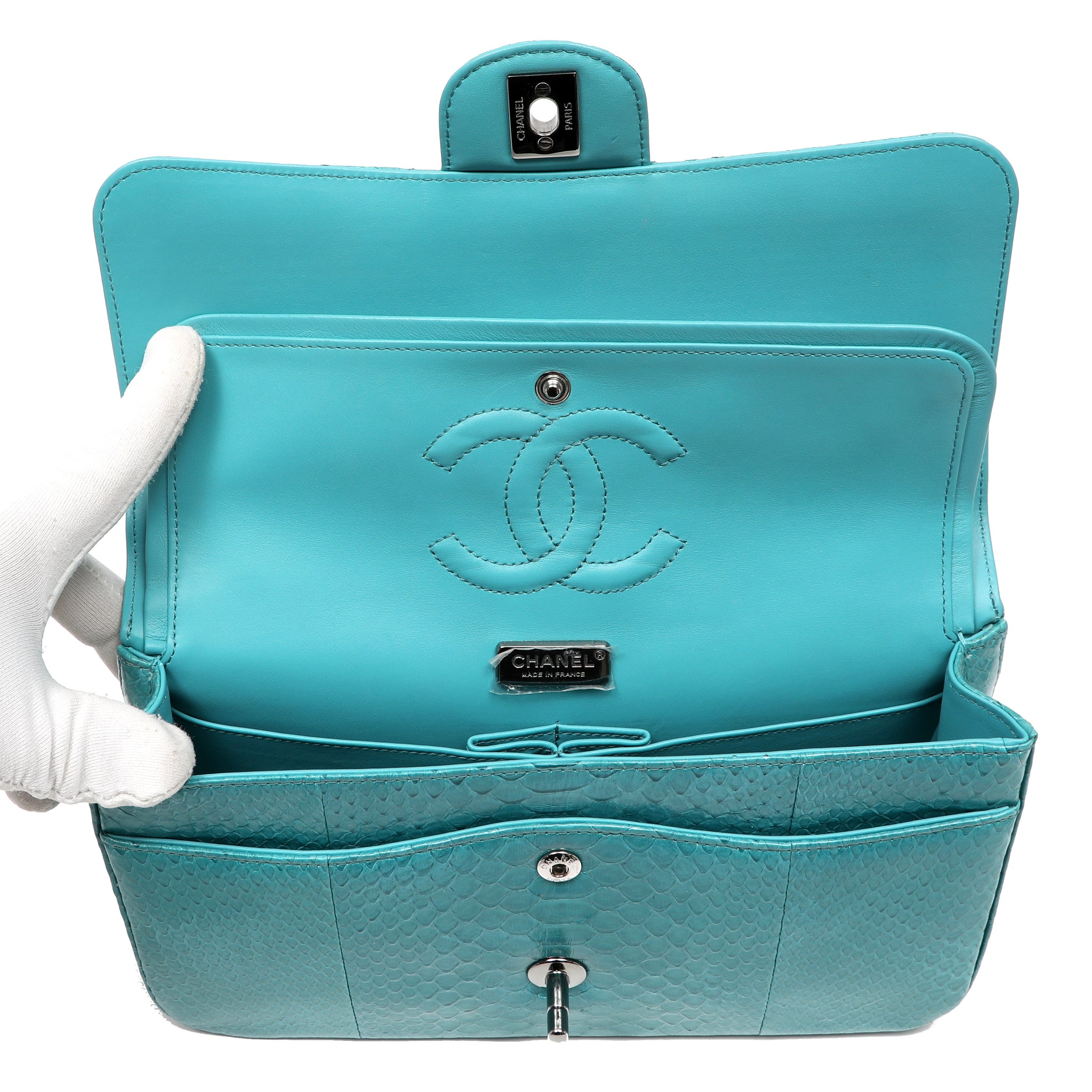 Chanel Vintage Classic Double Flap Jumbo Turquoise Python w/Ruthenium Hardware