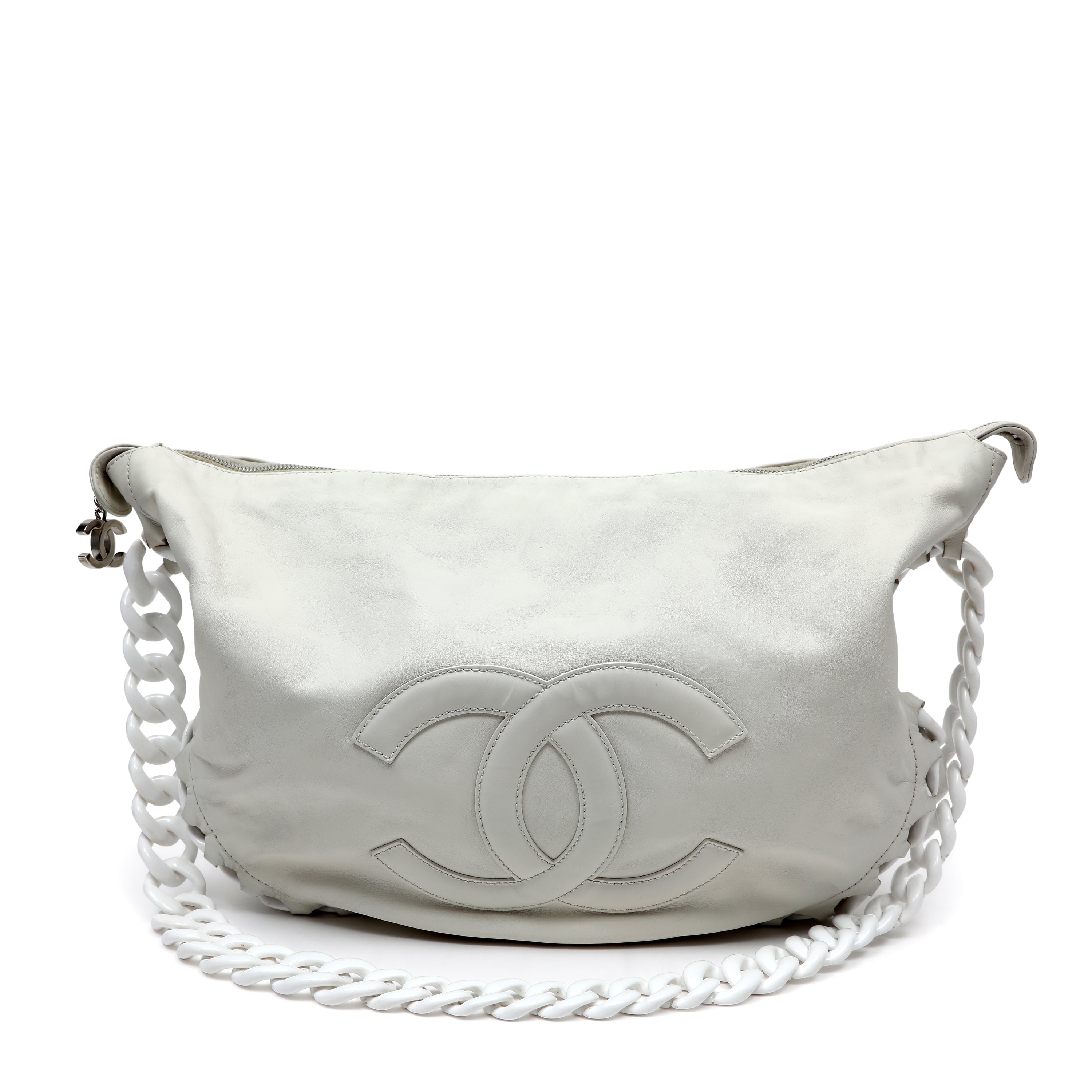 Chanel White Chain Hobo Bag 2008 Cruise Collection Large CC Logo