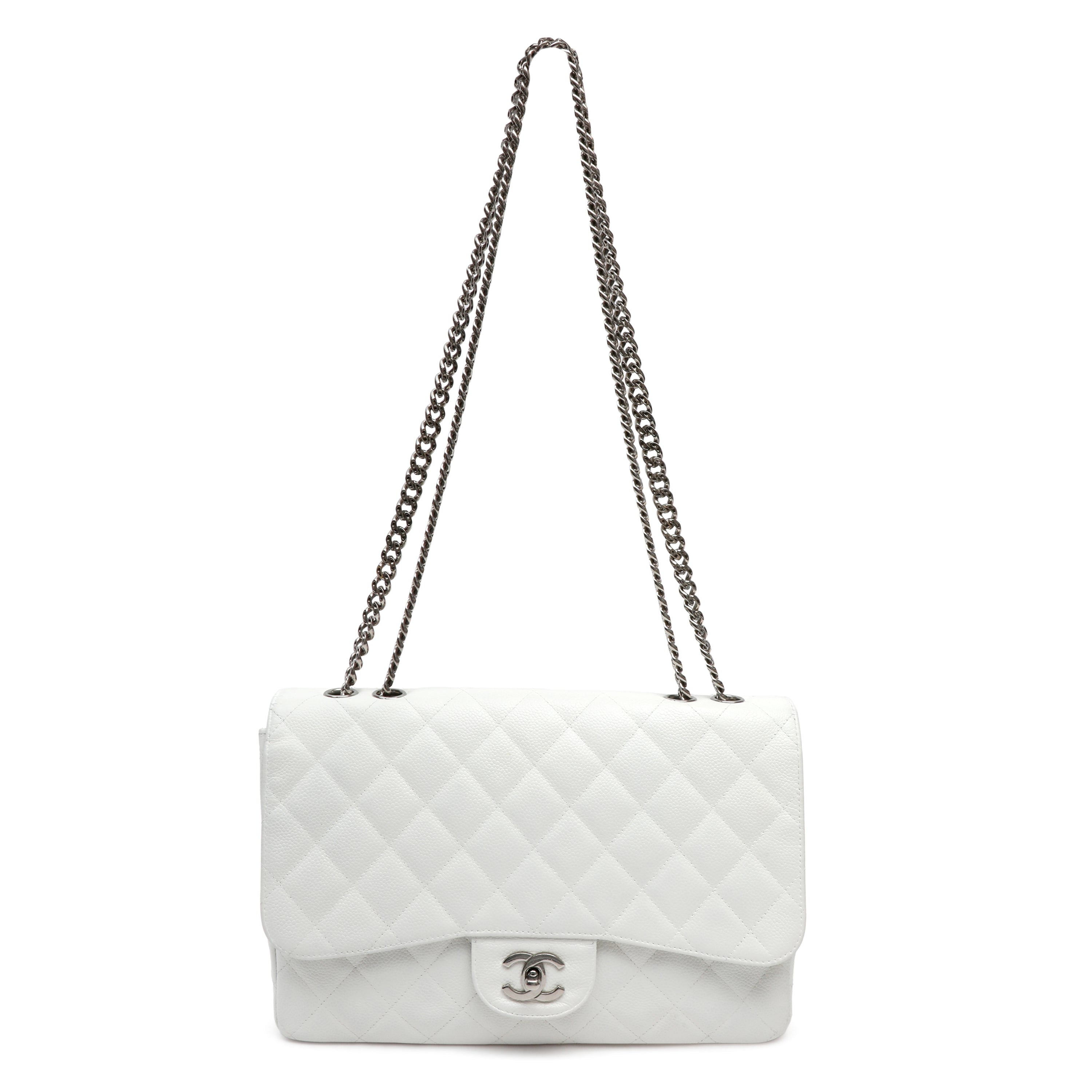 Chanel White Jumbo Classic Flap Bag Caviar Leather w SH