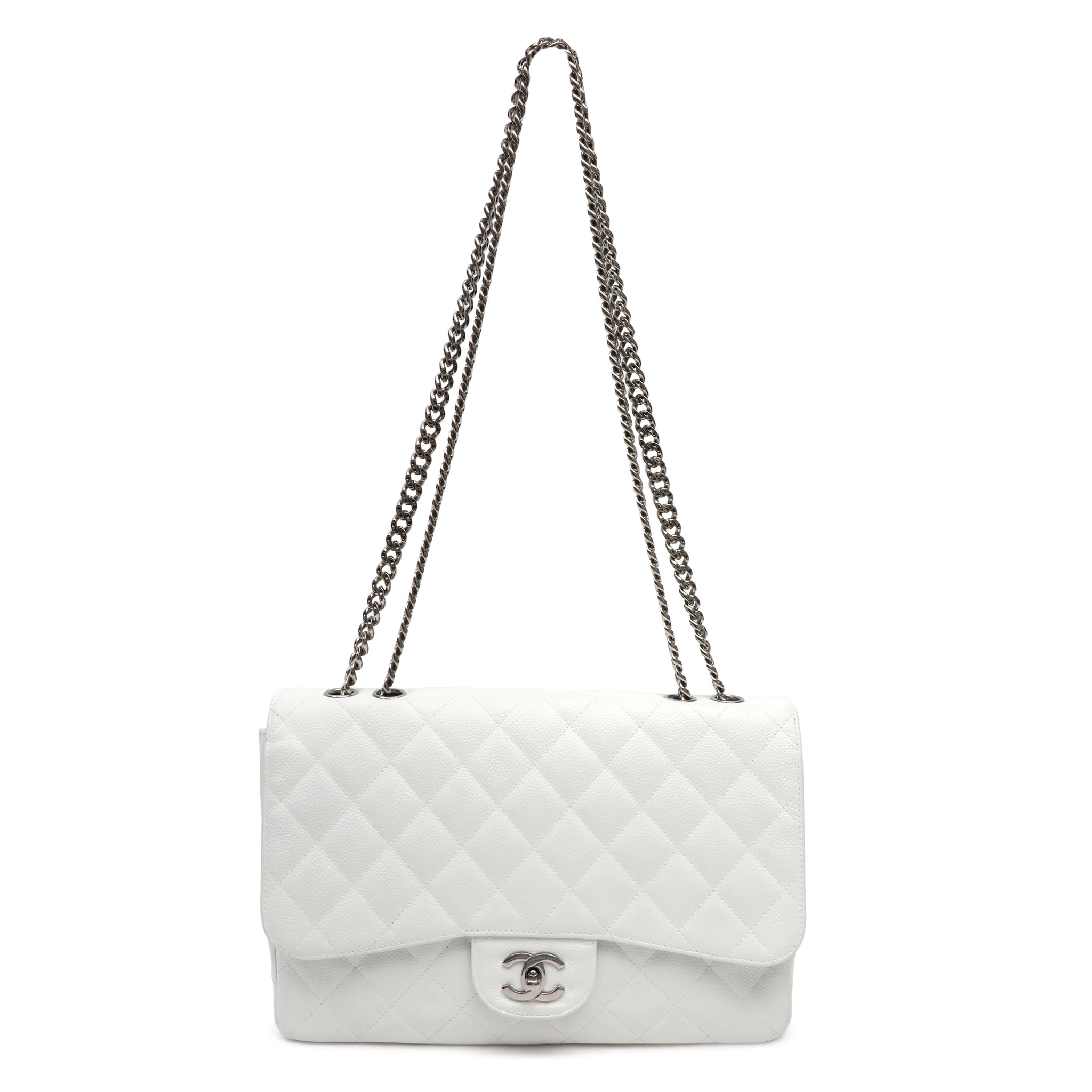 Chanel White Jumbo Classic Flap Bag Caviar Leather w SH