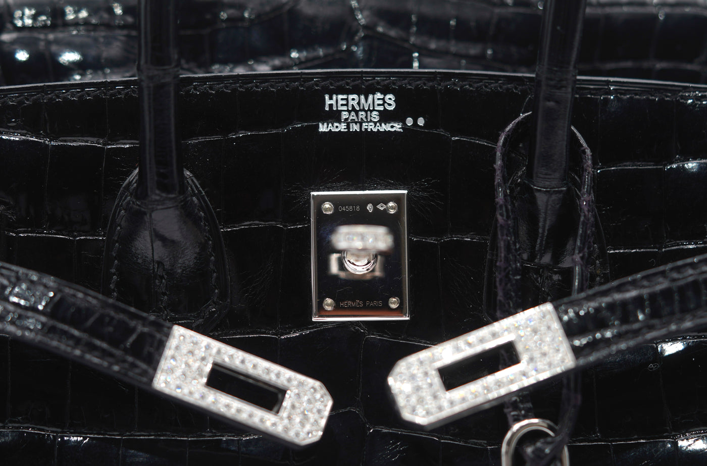 Hermes black shiny porosus croc diamond 25cm Birkin