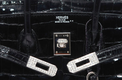 Hermes black shiny porosus croc diamond 25cm Birkin
