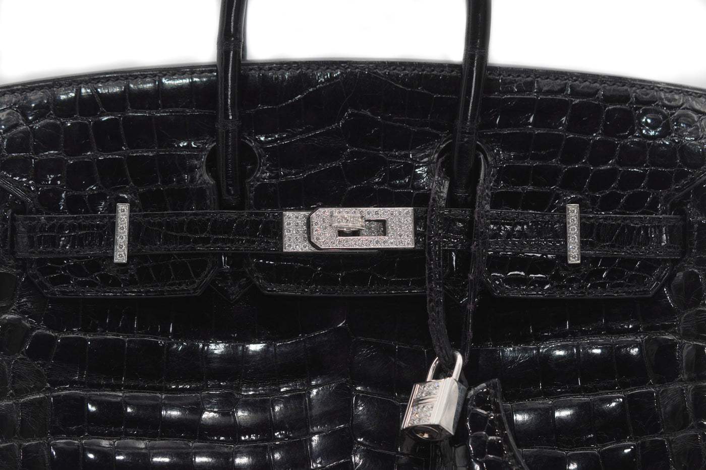 Hermes black shiny porosus croc diamond 25cm Birkin