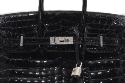 Hermes black shiny porosus croc diamond 25cm Birkin