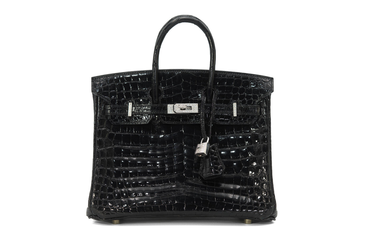 Hermes black shiny porosus croc diamond 25cm Birkin