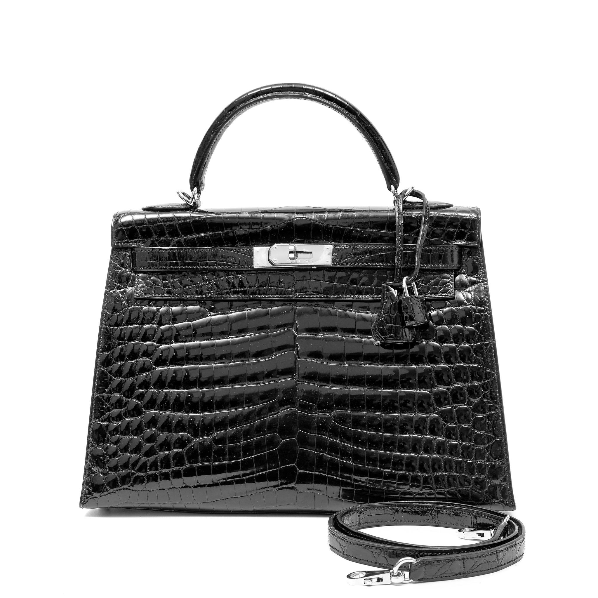 Hermès Kelly 32cm Bag Black Shiny Porosus Crocodile w PH