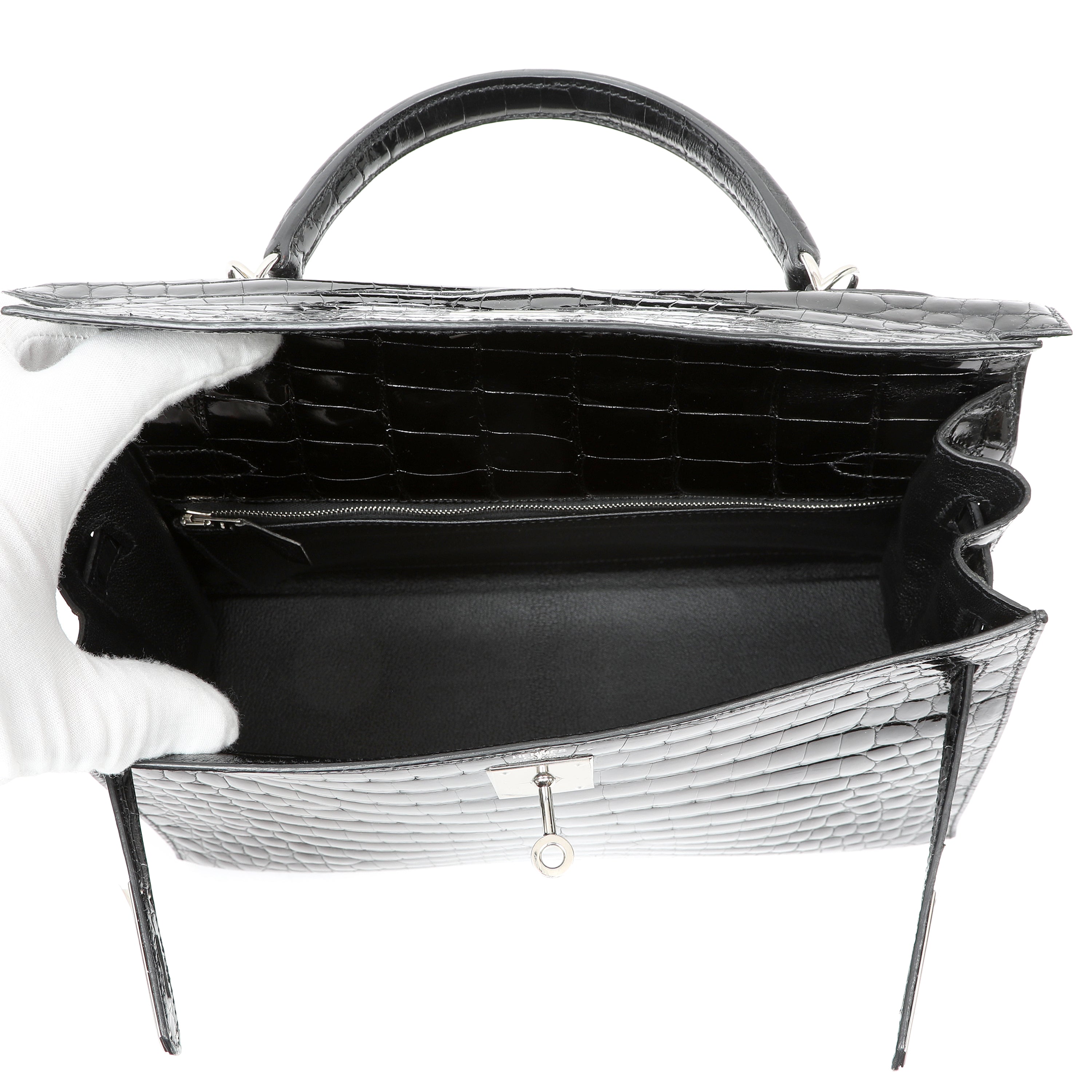 Hermès Kelly 32cm Bag Black Shiny Porosus Crocodile w PH