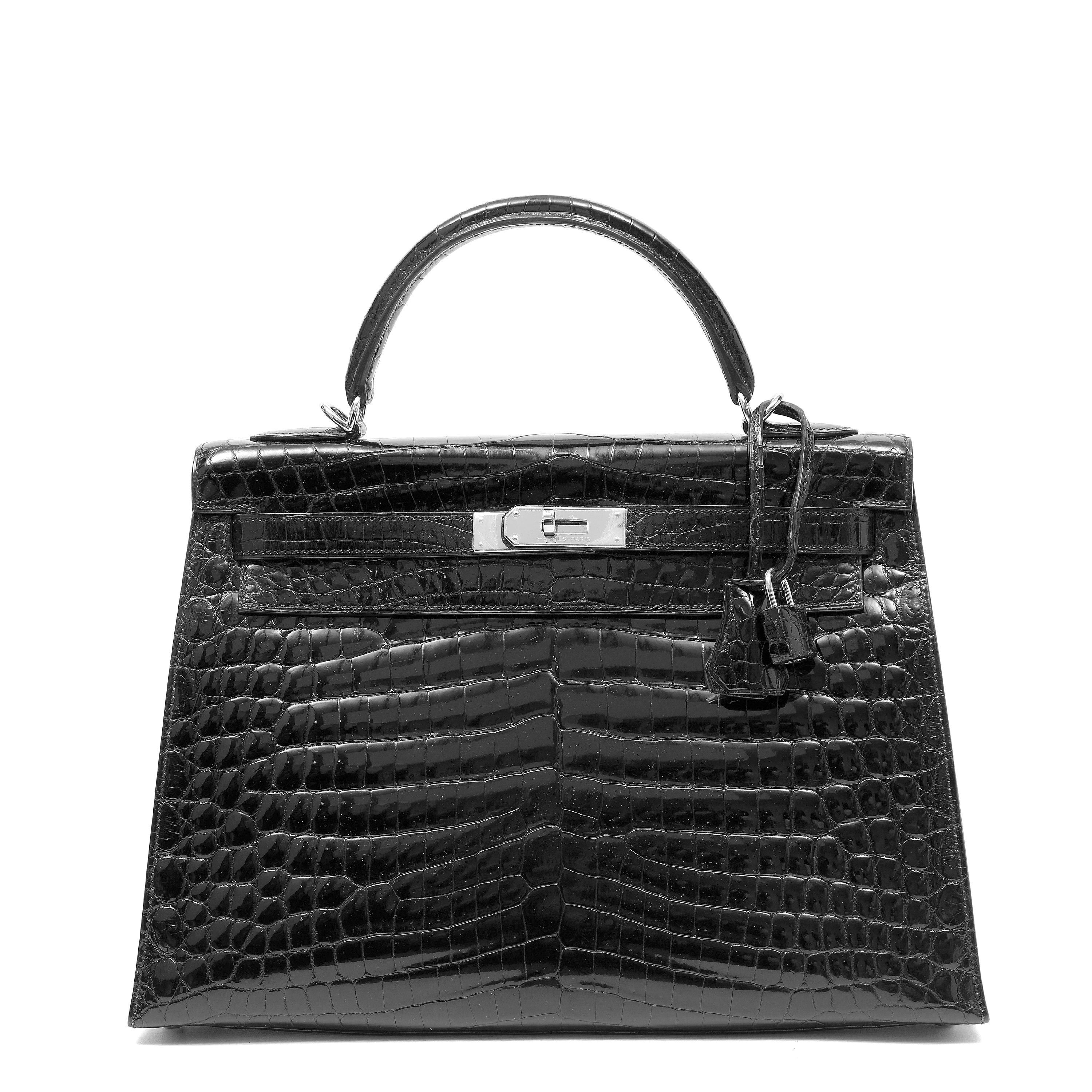 Hermès Kelly 32cm Bag Black Shiny Porosus Crocodile w PH