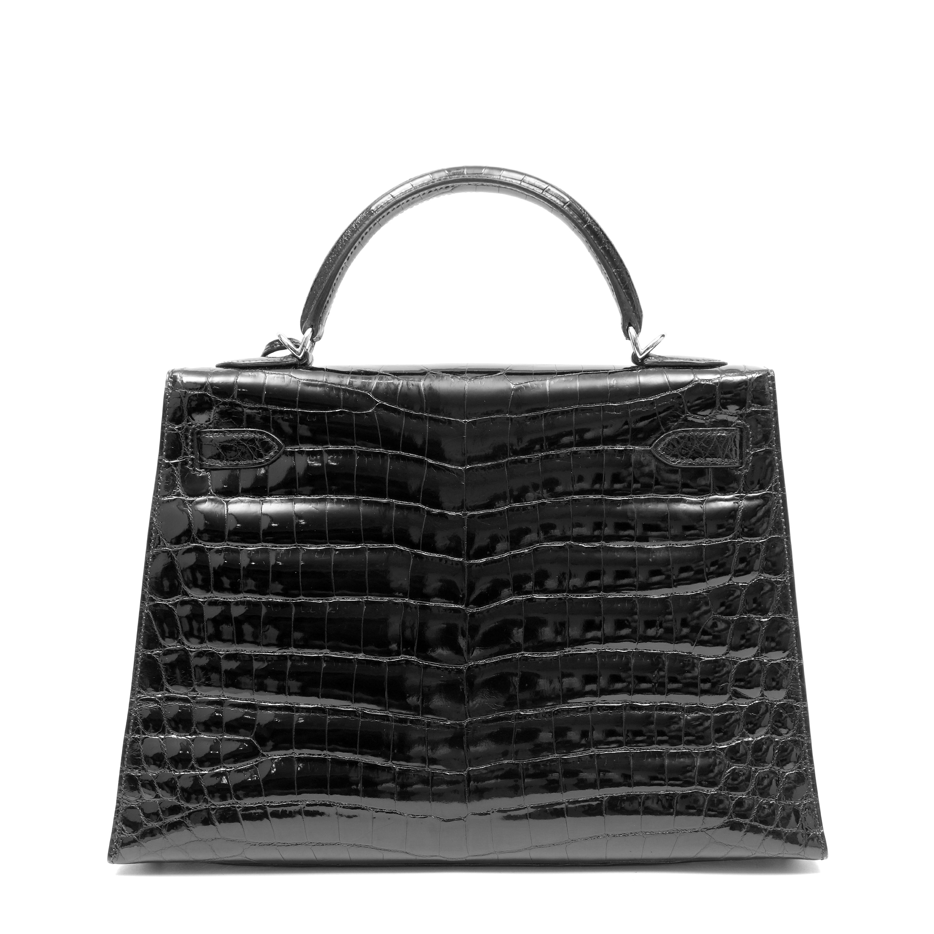 Hermès Kelly 32cm Bag Black Shiny Porosus Crocodile w PH