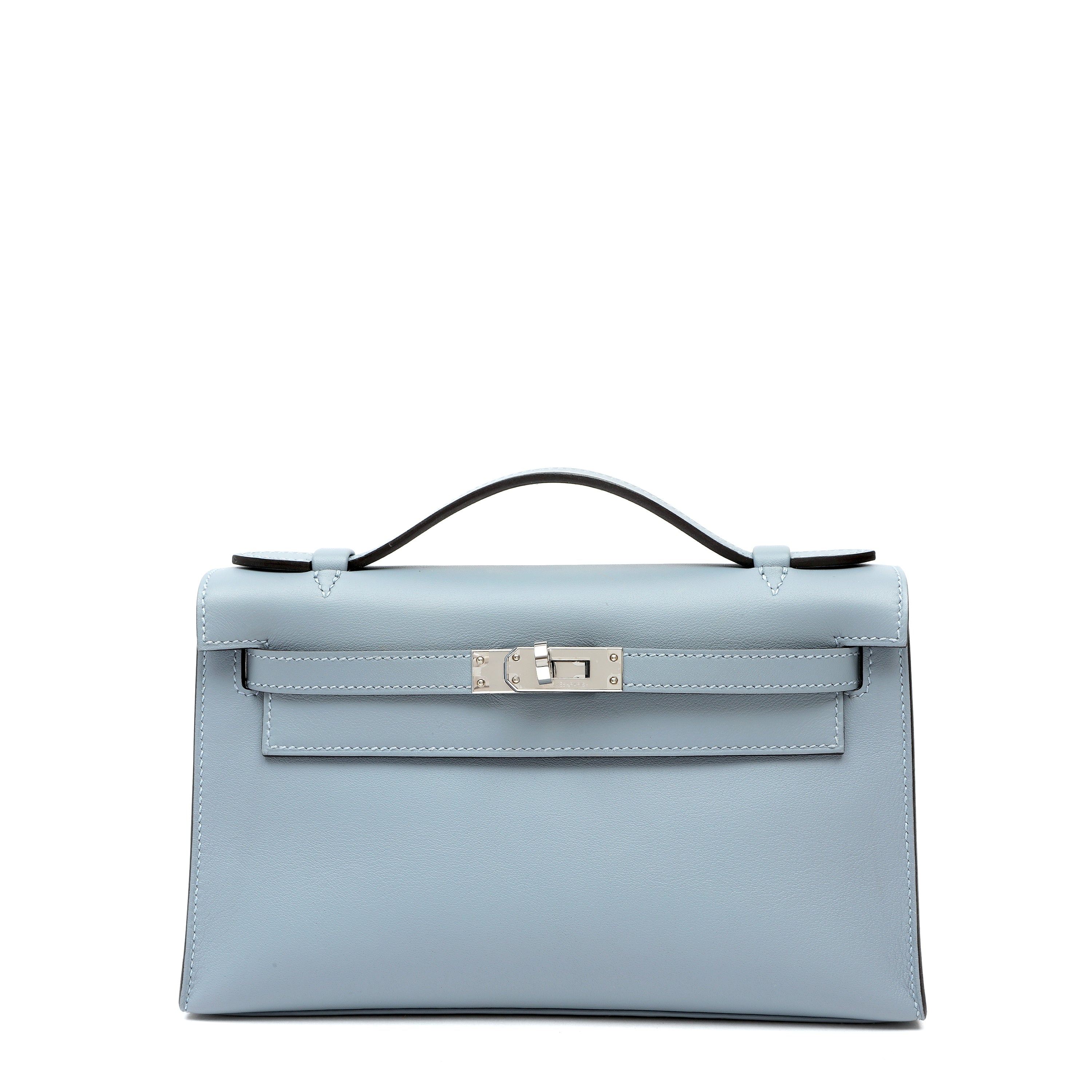 Hermès Kelly Pochette Bleu Lin Swift w/Palldium Hardware