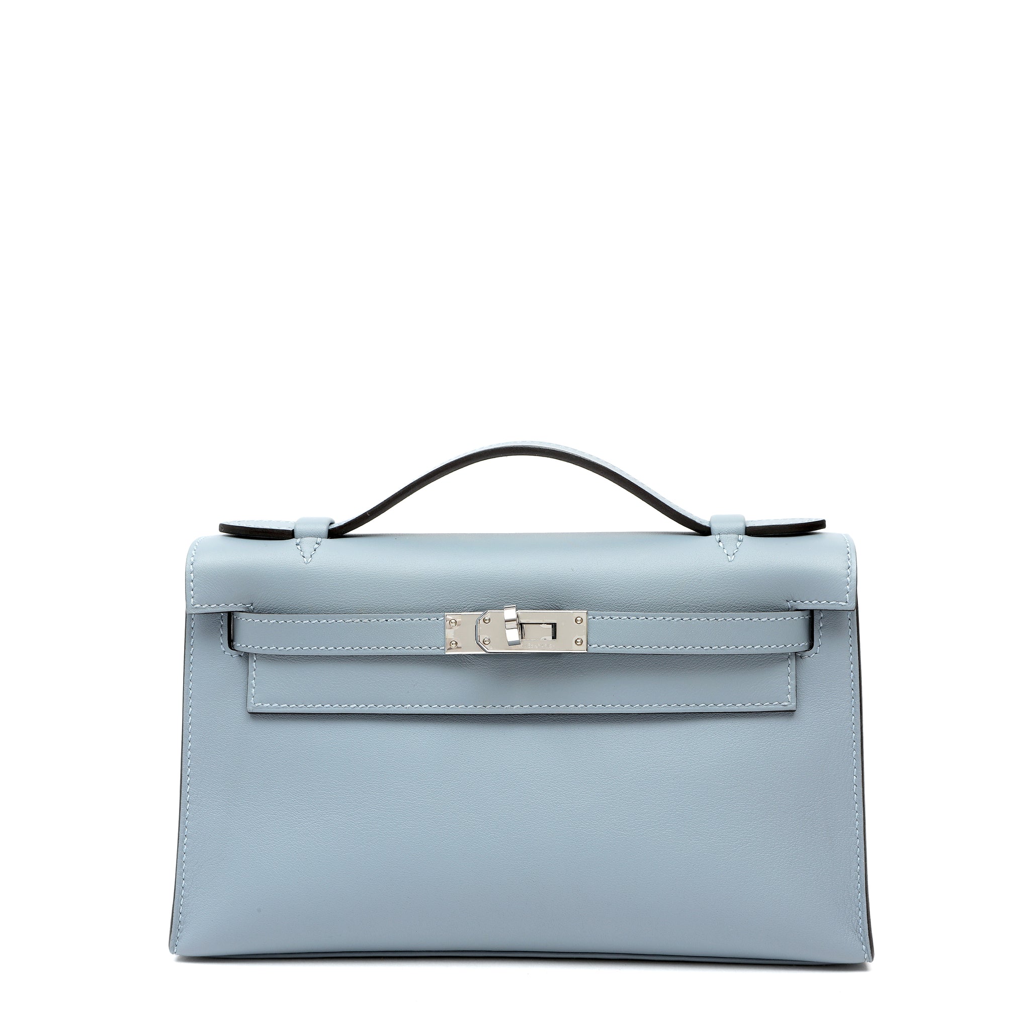 Hermès Kelly Pochette Bleu Lin Swift w/Palldium Hardware