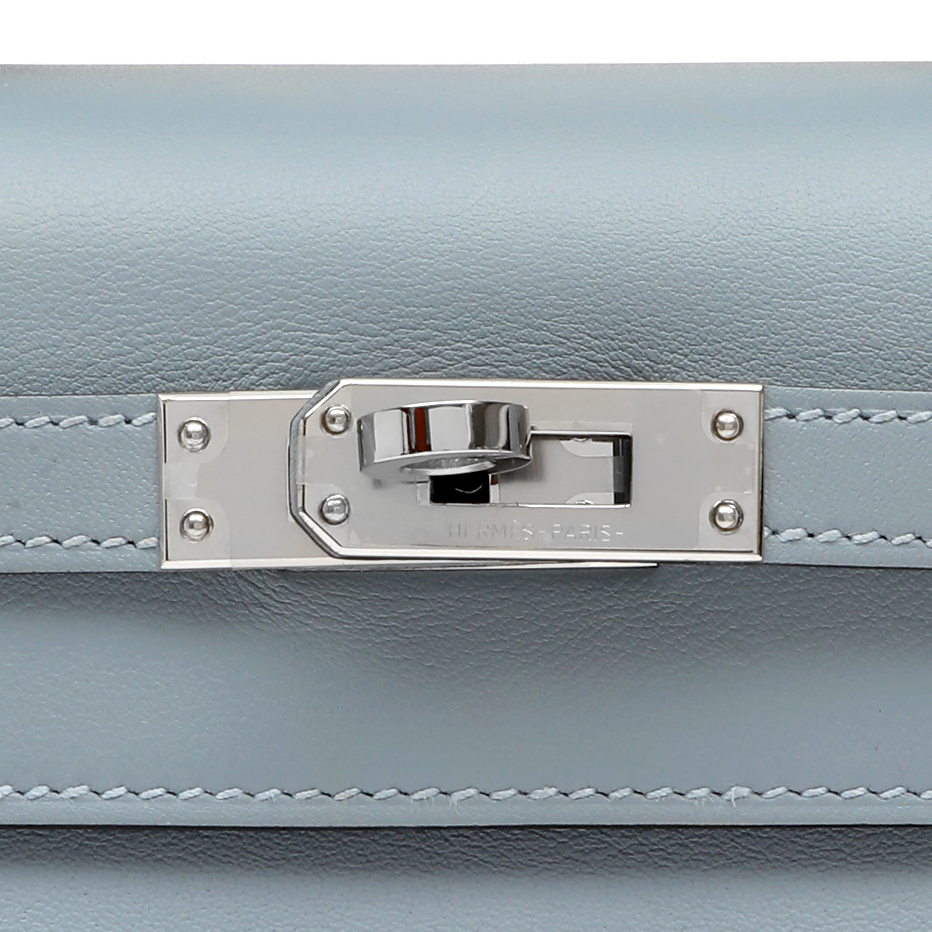 Hermès Kelly Pochette Bleu Lin Swift w/Palldium Hardware