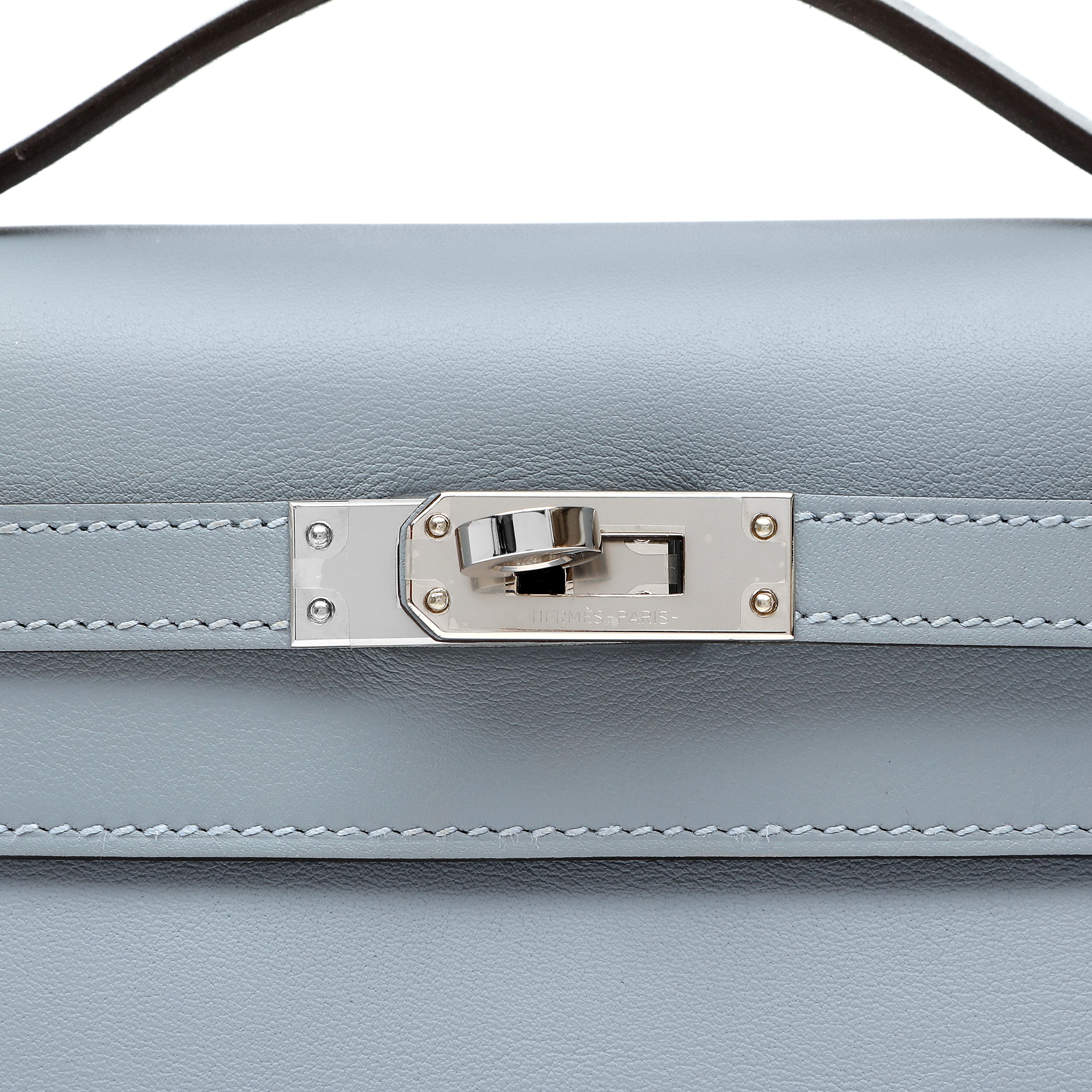 Hermès Kelly Pochette Bleu Lin Swift w/Palldium Hardware