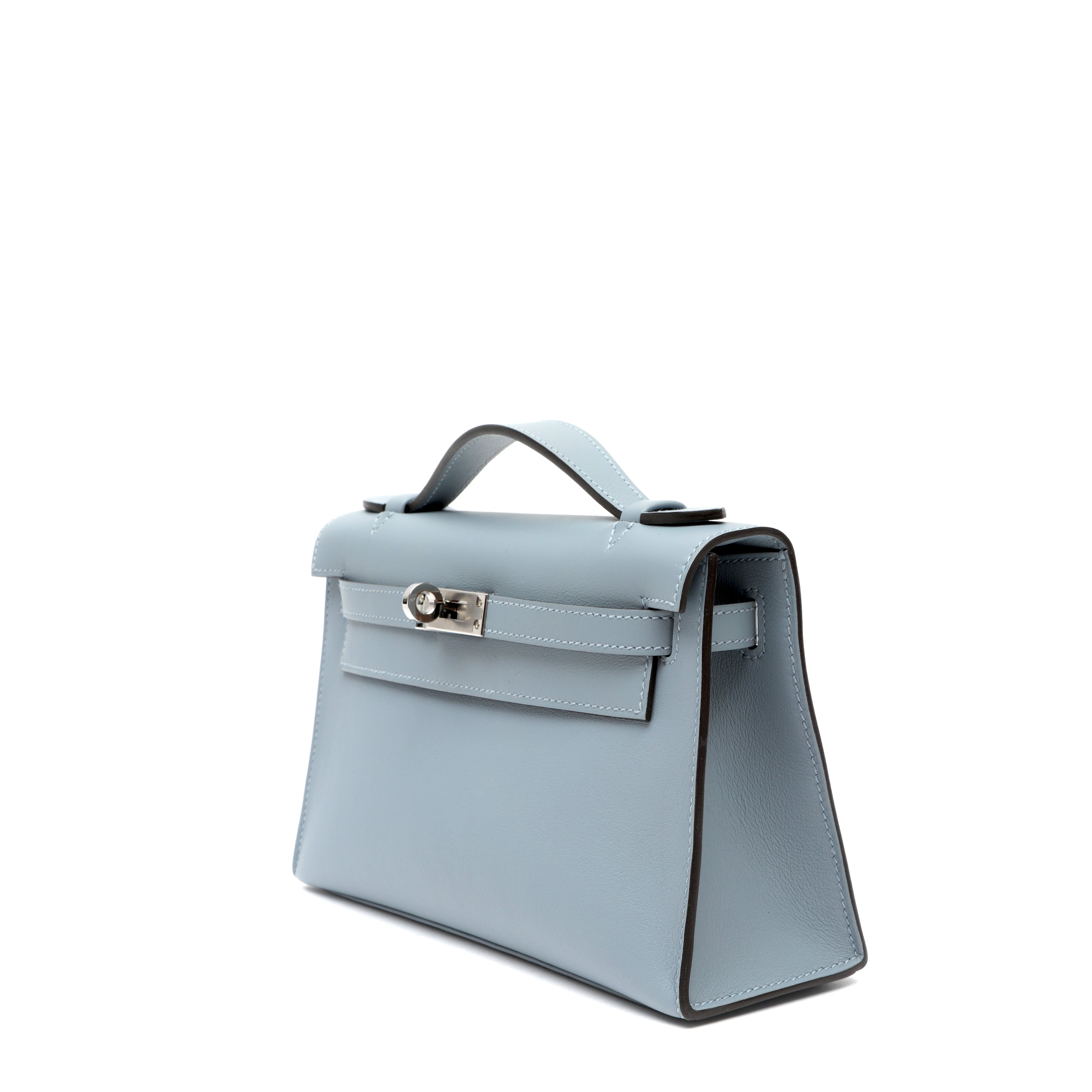 Hermès Kelly Pochette Bleu Lin Swift w/Palldium Hardware