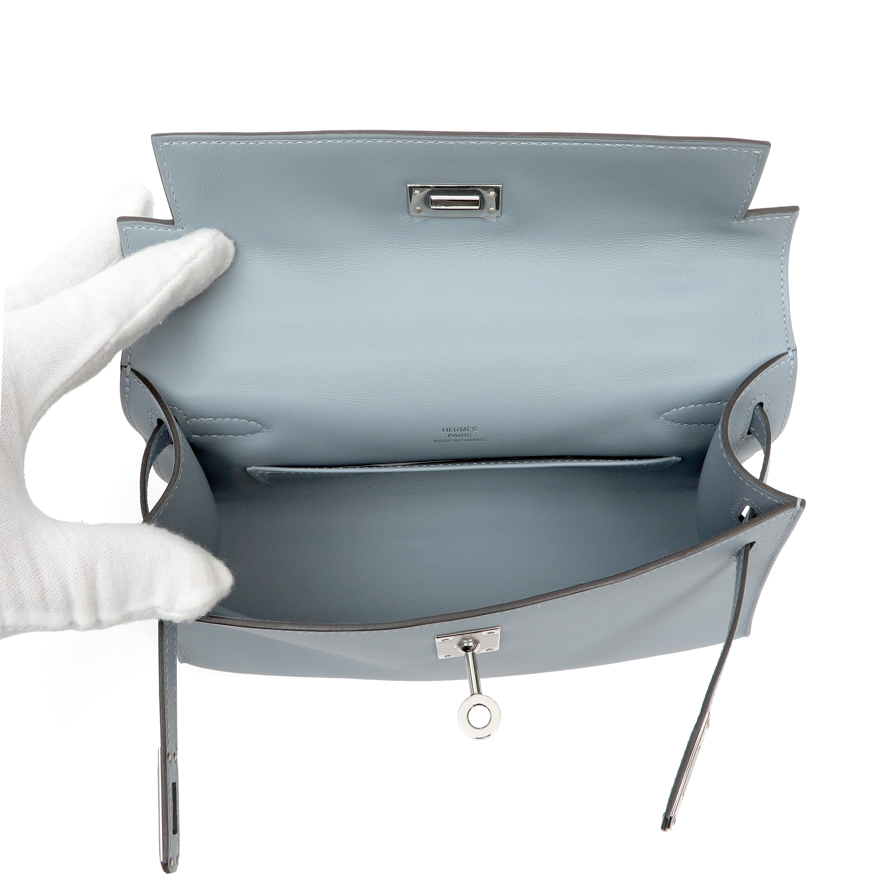 Hermès Kelly Pochette Bleu Lin Swift w/Palldium Hardware