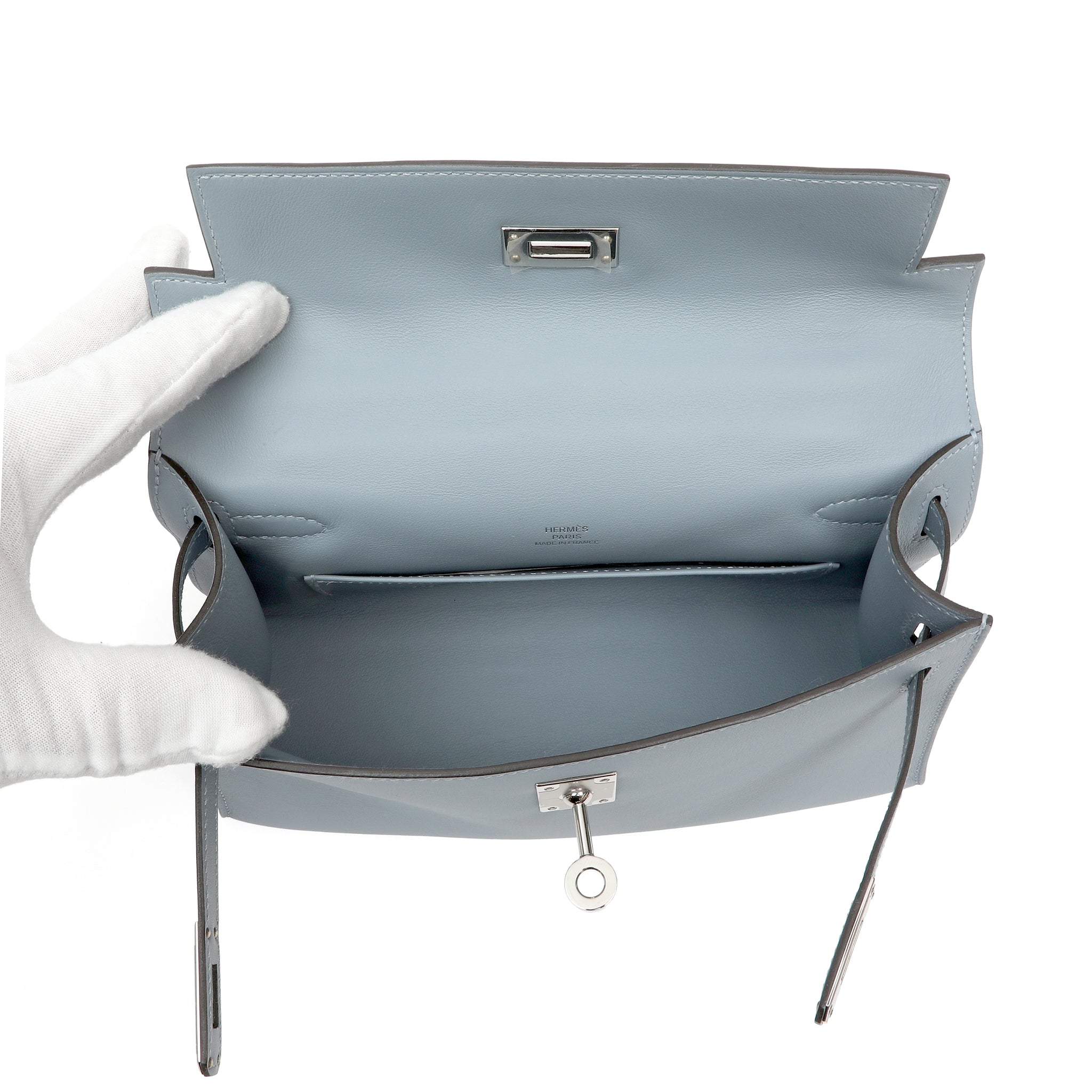 Hermès Kelly Pochette Bleu Lin Swift w/Palldium Hardware