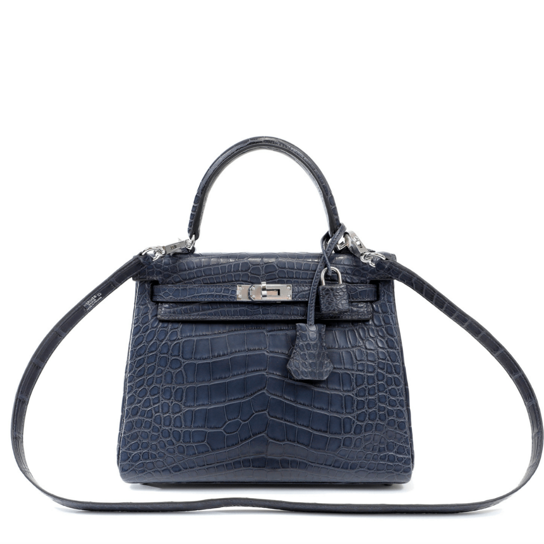 Hermès 25cm Navy Crocodile Kelly w/ Palladium Hardware