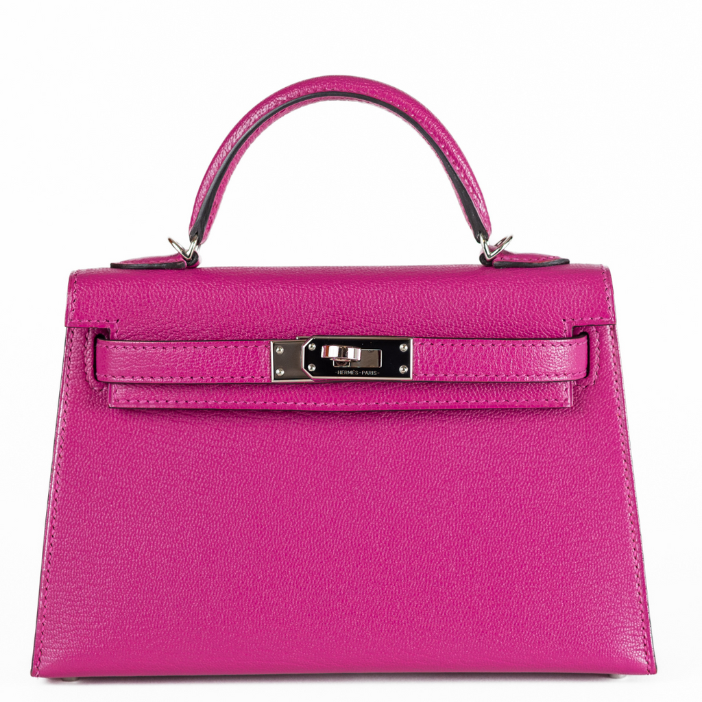 The Hermès 20cm Purple Rose Chevre Mini Kelly with Palladium