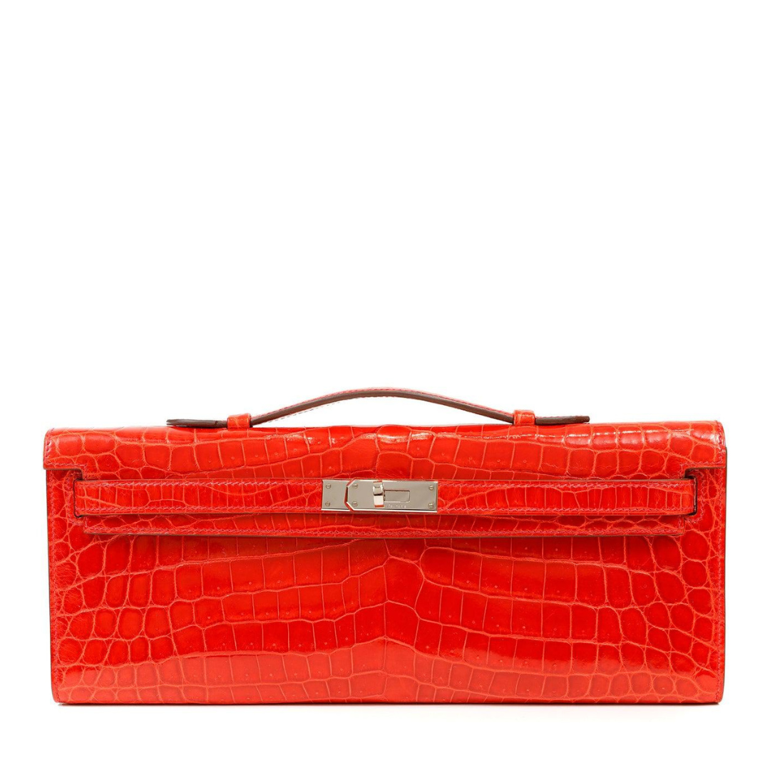 Hermès Vivid Red Crocodile Porosus Kelly Cut Clutch w/ Palladium Hardware