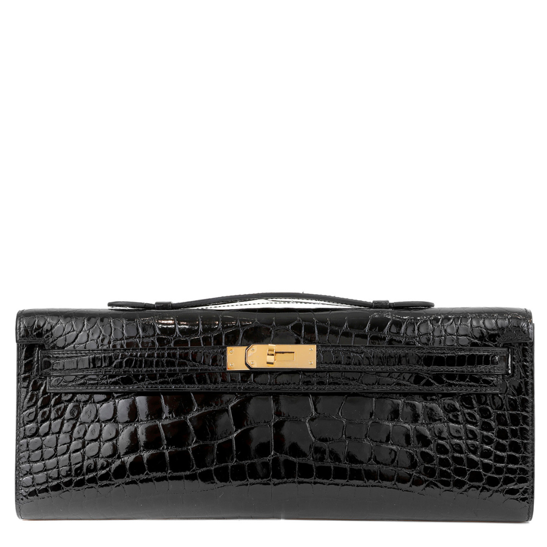 Hermès 2022 Black Crocodile Kelly Cut Clutch with Gold Hardware