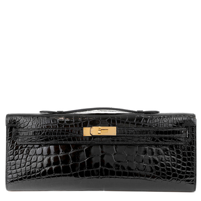 Hermès 2022 Black Crocodile Kelly Cut Clutch with Gold Hardware