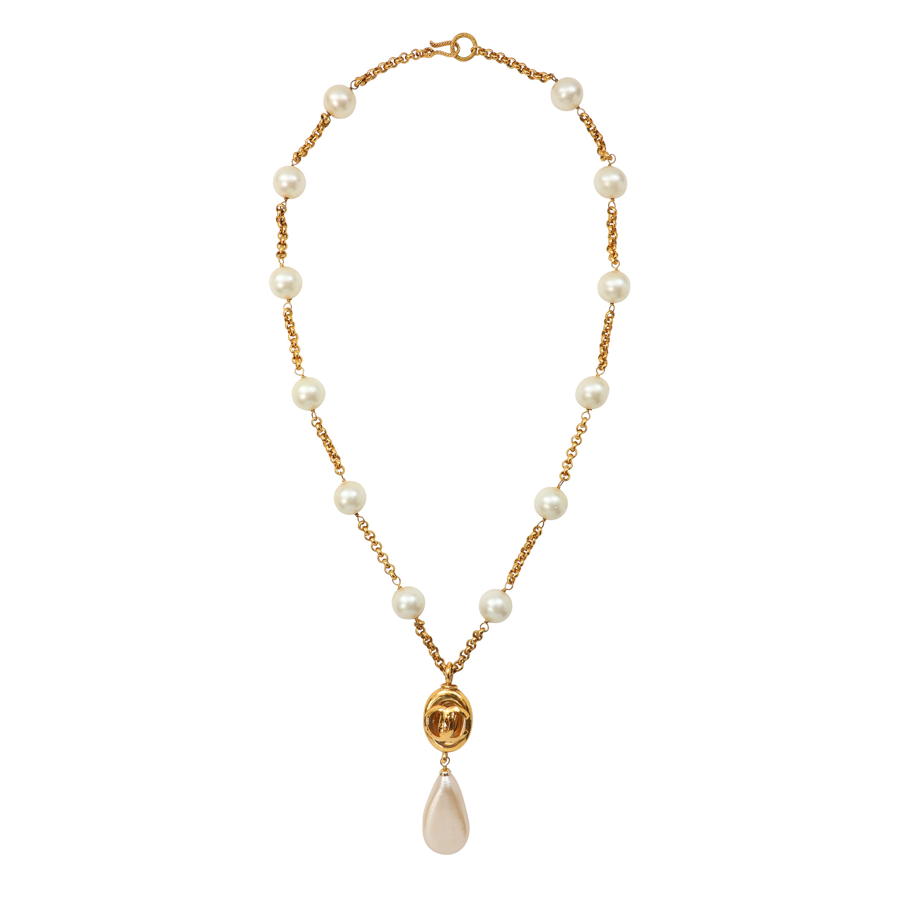 Vintage Chanel Pearl Necklace Gold CC Logo
