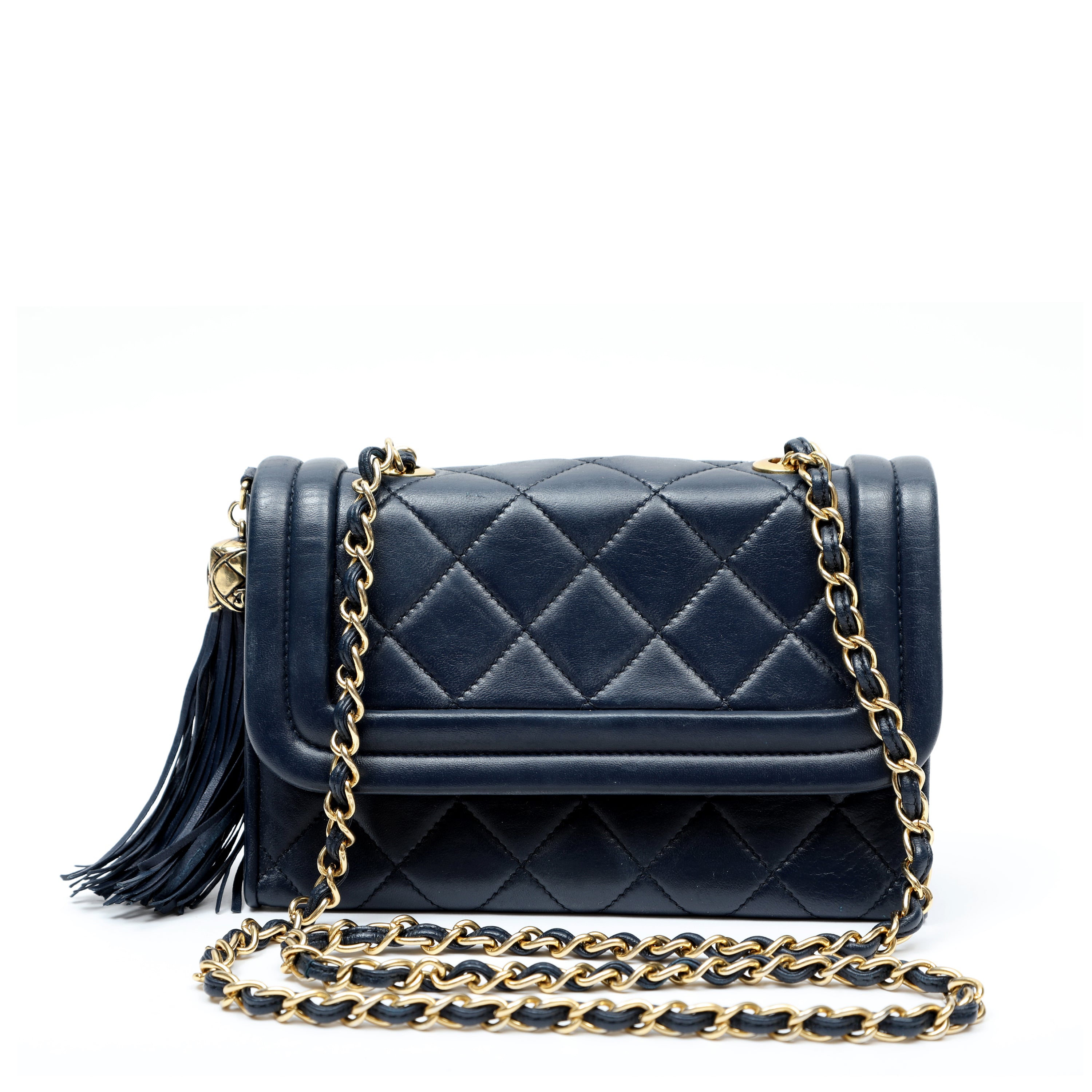 Vintage Chanel Tassel Flap Bag Navy Blue Leather