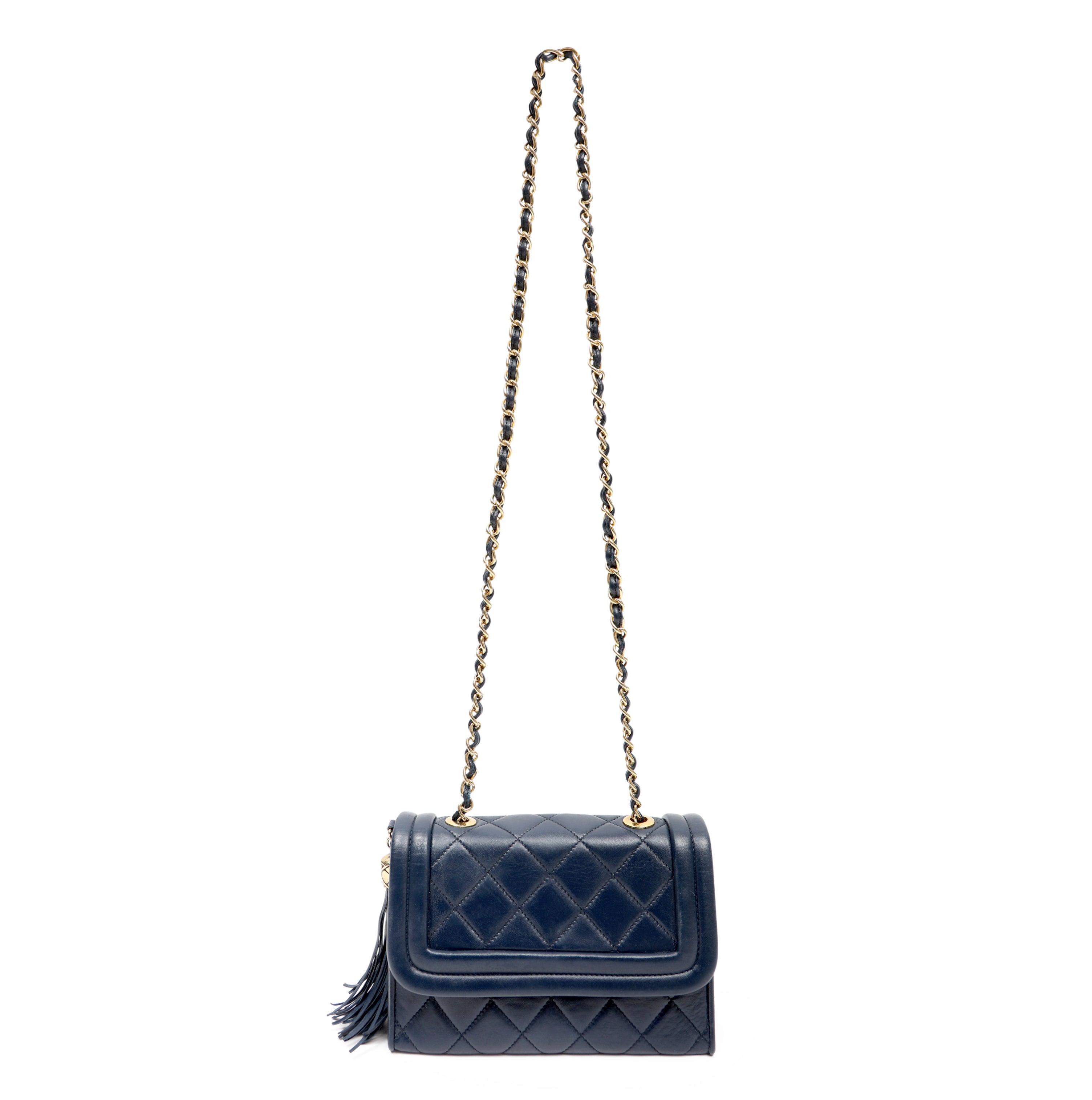 Vintage Chanel Tassel Flap Bag Navy Blue Leather