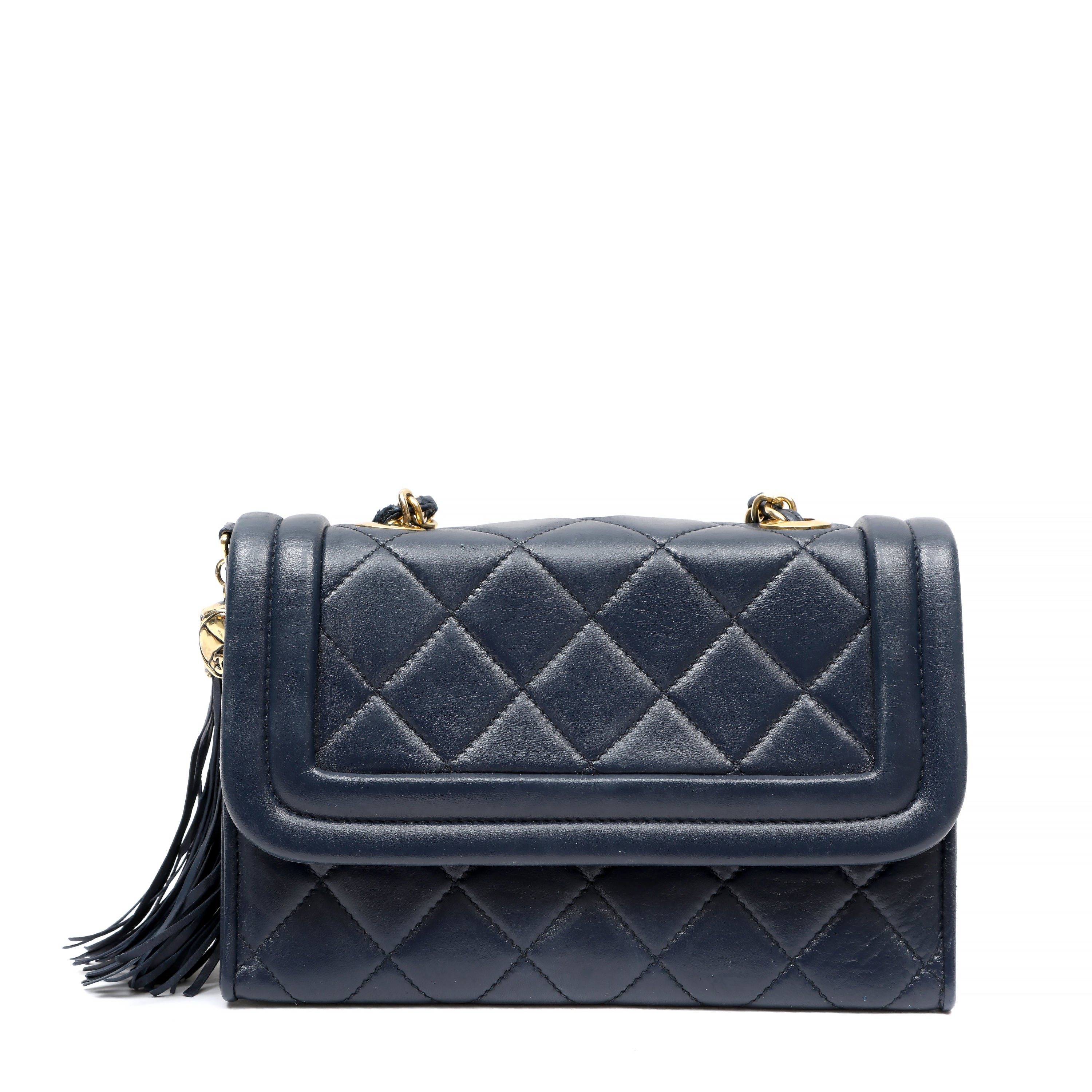 Vintage Chanel Tassel Flap Bag Navy Blue Leather