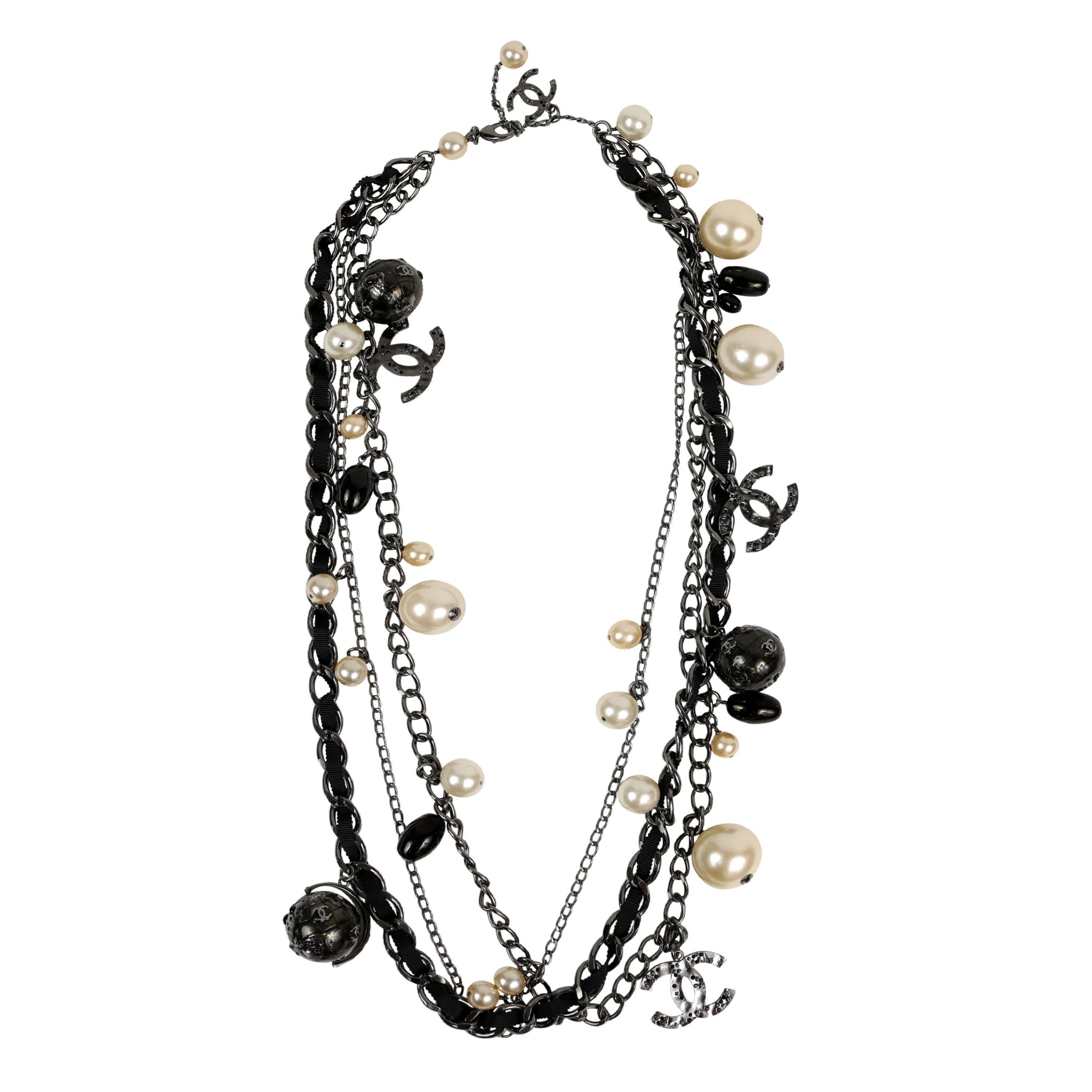 Chanel Ruthenium Globe Multiple Strand Necklace w/ Pearls & CC