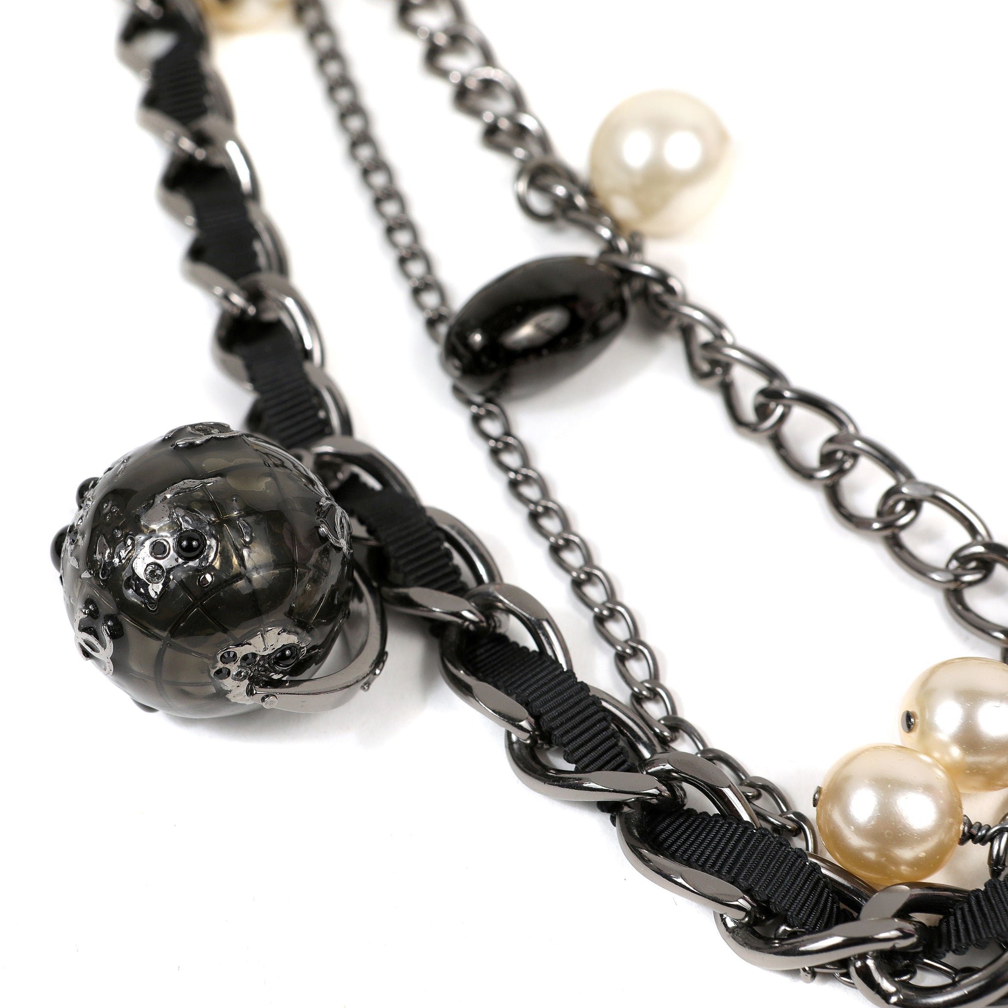 Chanel Ruthenium Globe Multiple Strand Necklace w/ Pearls & CC