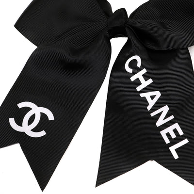 Chanel Black Satin "Cheer" Bow Hair tie w/ White CC