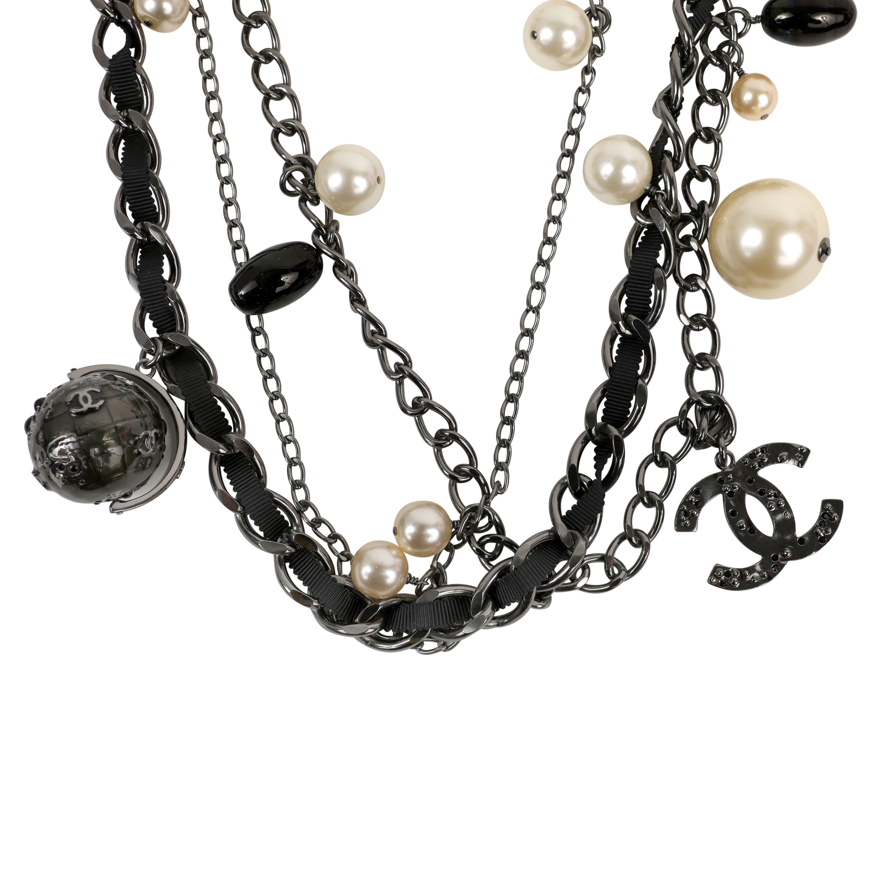 Chanel Ruthenium Globe Multiple Strand Necklace w/ Pearls & CC